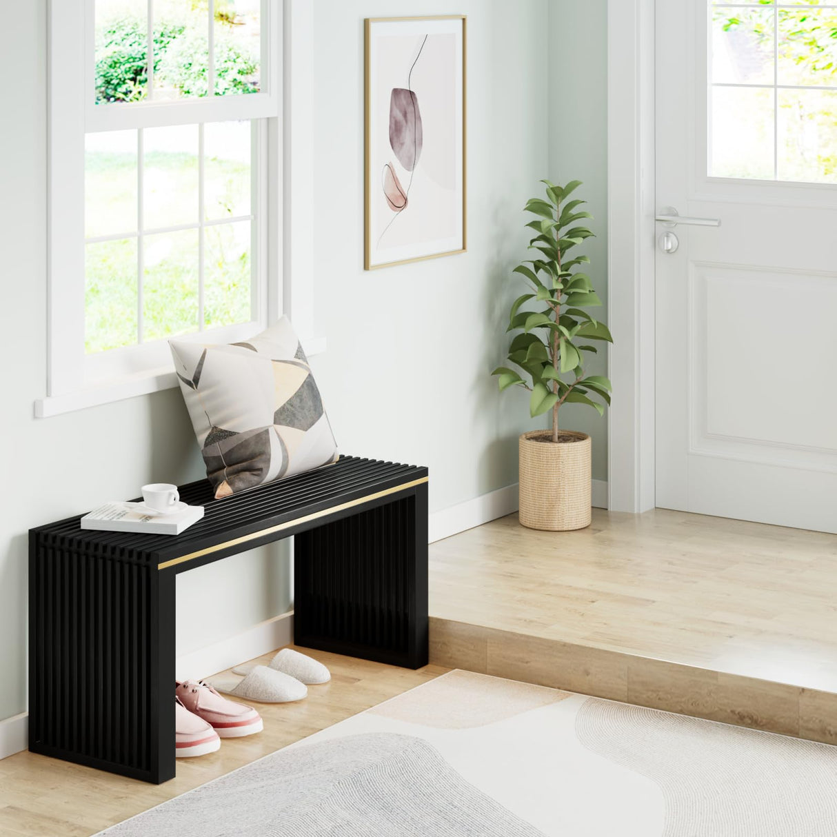 APRTAT Bamboo Dining Bench Indoor Long Bench Entryway Shoe Rack Bench,Outdoor Modern Wood Benches 35 Inch Bamboo Bench for Living Room Hallway Bedroom Bathroom Black Long APRTAT