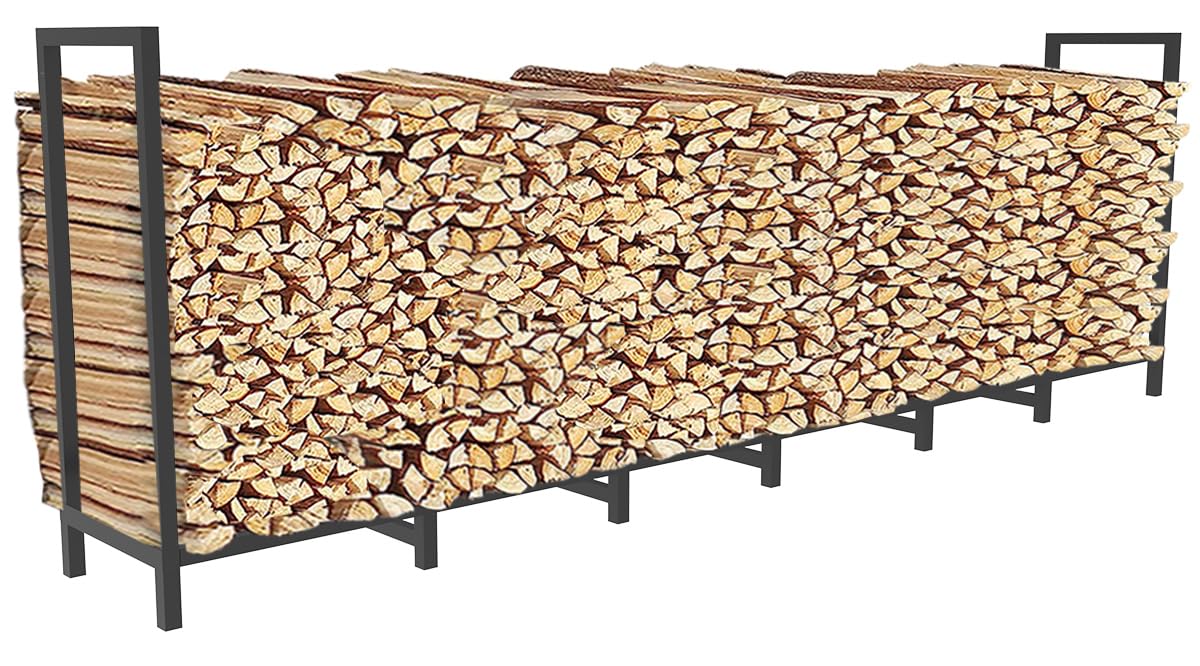 BALIE SPACE 8ft Outdoor Firewood Rack Holder with 14 Support Legs for Indoor Fire Wood Pile Storage, Adjustable Heavy Duty Fire Log Stacker Stand Organizer for Fireplace, Black BALIE SPACE