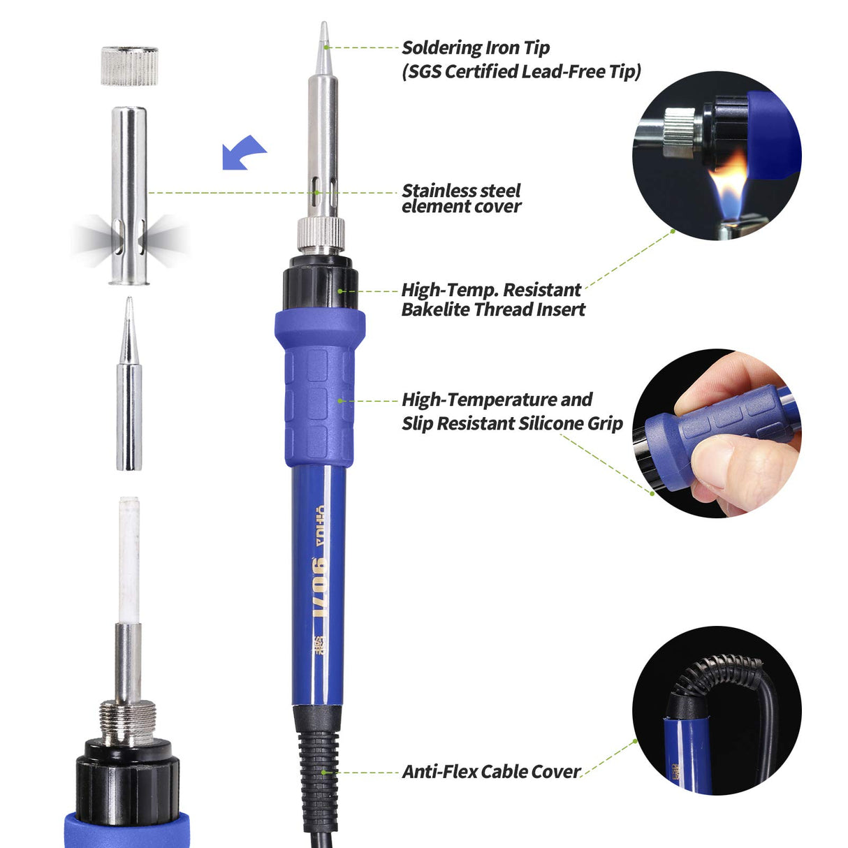 YIHUA 907I Blue Grip Replacement Soldering Iron Handpiece/Handle for YIHUA 862BD+, 853D 2A USB, 853D 3A USB, 853D 5A II and 948-II models YIHUA