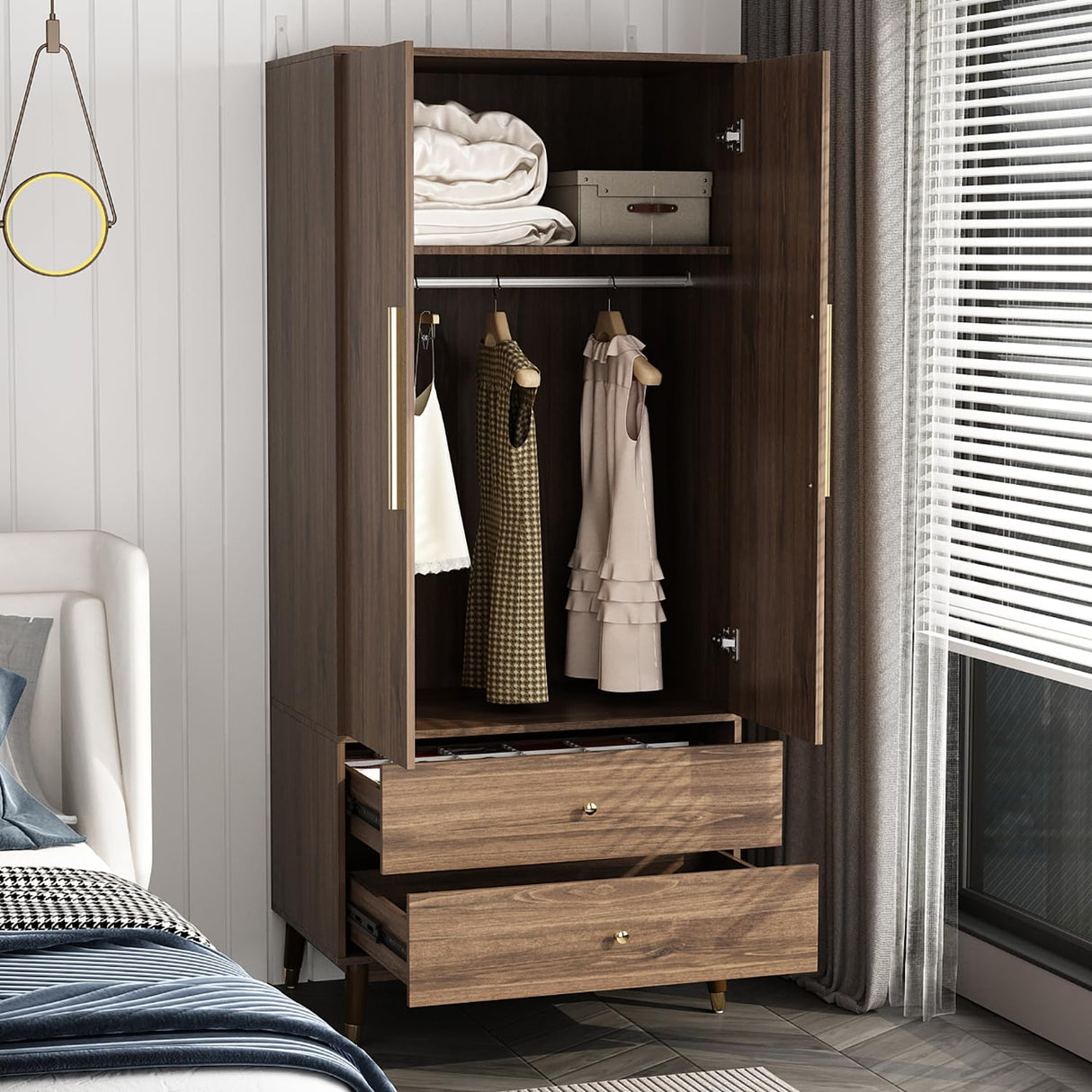 Hitow Wardrobe Armoire Closet with 2 Doors, Wardrobe Cabinet with 2 Drawers & Hanging Rod, Bedroom Armoire Clothes Organizer with Gold Handles, Type B Brown (31.5" W x 19.1" D x 65.1" H) Hitow