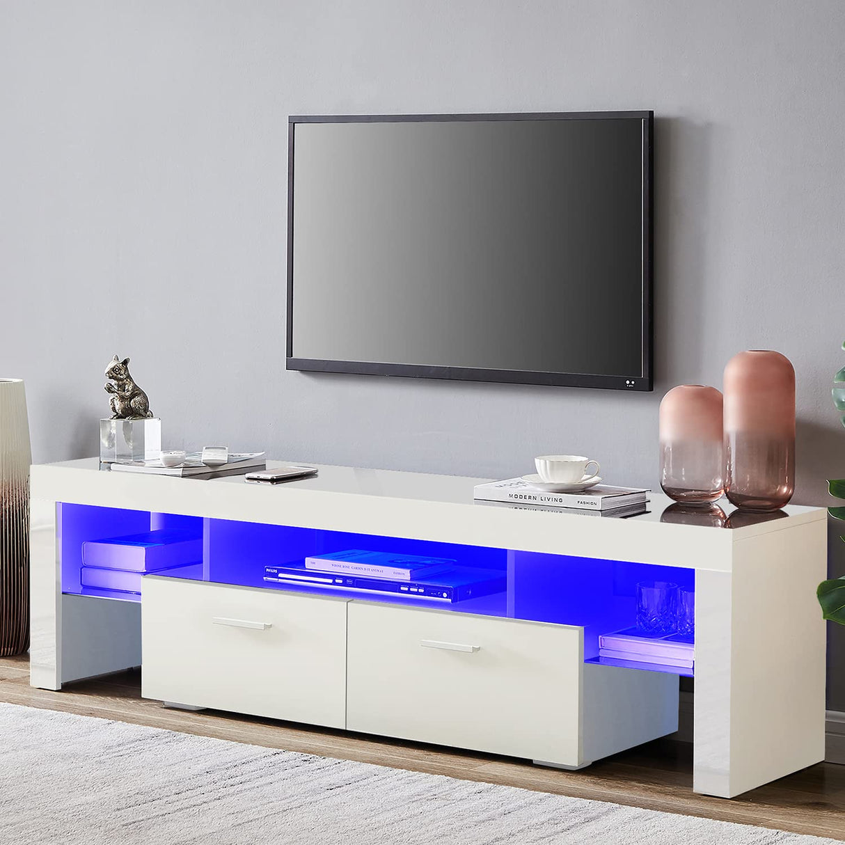 Nrizc White LED TV Stand for 75 Inch TV, High Gloss Entertainment Center with Storage Drawer, Console Table for Living Room, Bedroom Nrizc
