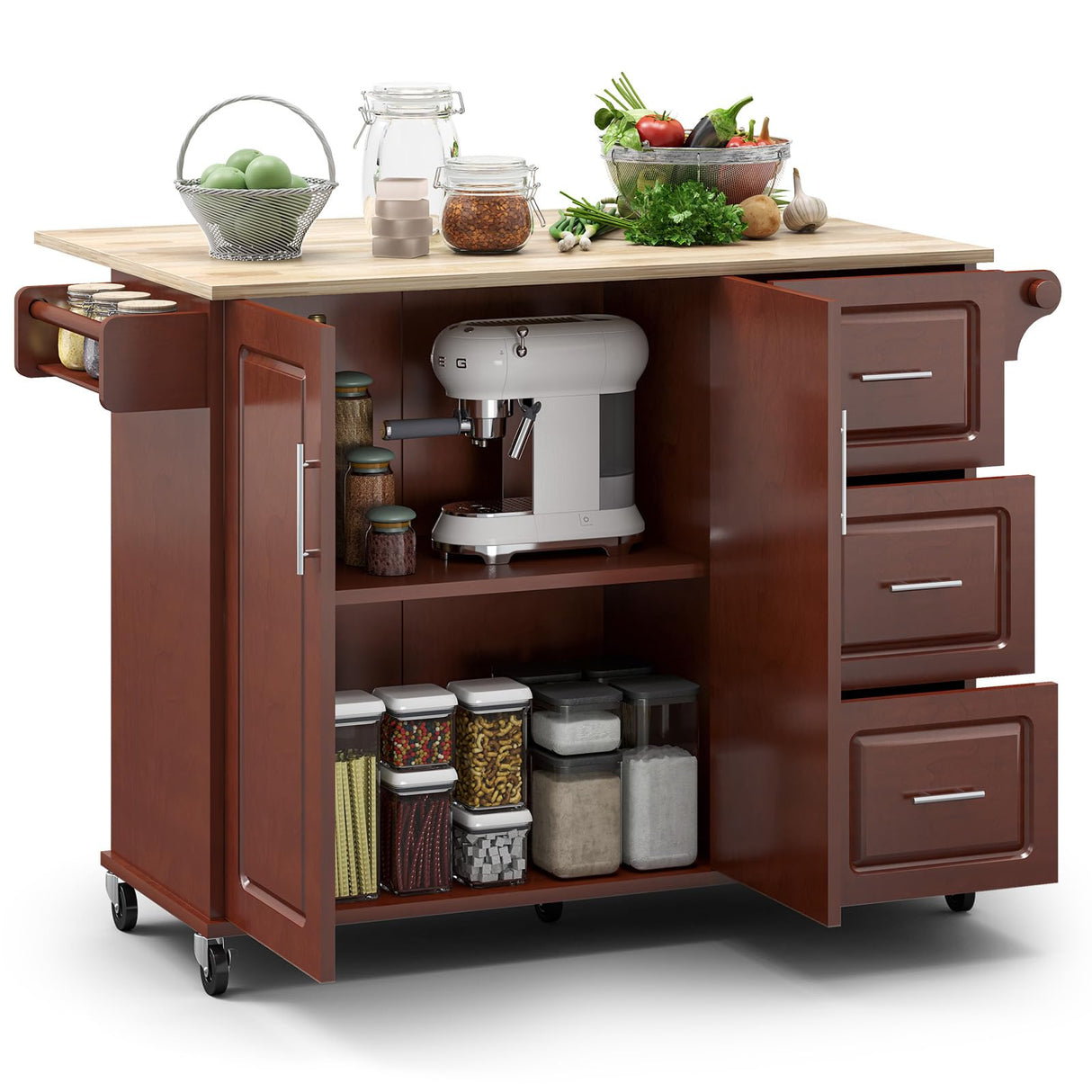 Rovibek 53" Kitchen Island on Wheels with Drawers - Large Rolling Island Cart with Storage, Cabinet, Spice Rack, and Towel Holder Rovibek