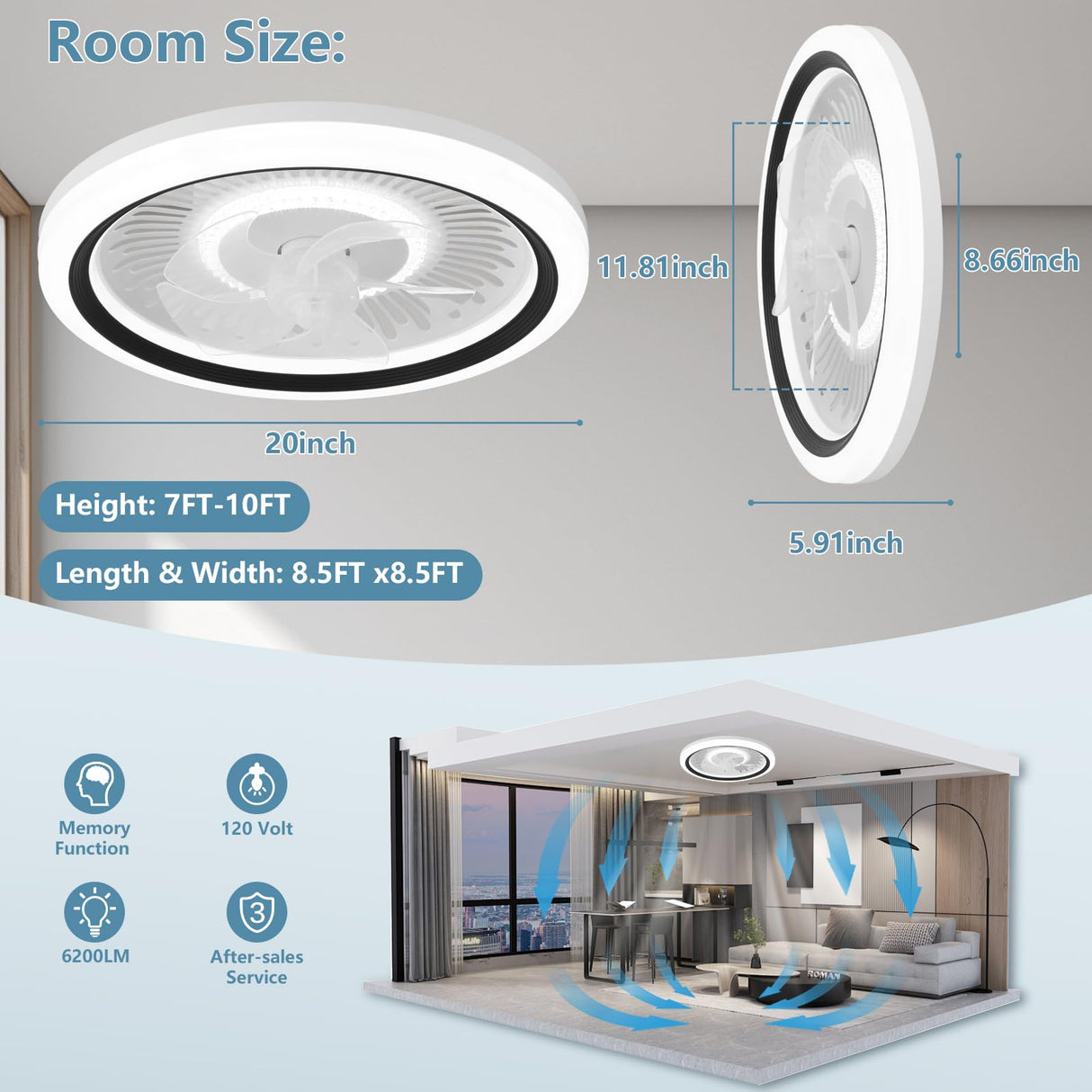 Ceiling Fans with Lights and Remote, 20 Inch Low Profile Ceiling Fans,DC Quiet Motor Stepless Dimmable 6 Speeds,Modern Flush Mount Fan Lights for Bedroom and Living Room, Black Spnoid