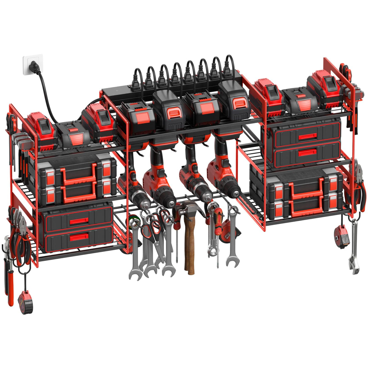 CCCEI Red Power Tool Organizer Wall Mount, Large Tools and Battery Storage Rack Charging Station Individual Switches. Drills Holder, Garage Utility Shelves with 6FT Power Strip. Gift for Men. CCCEI