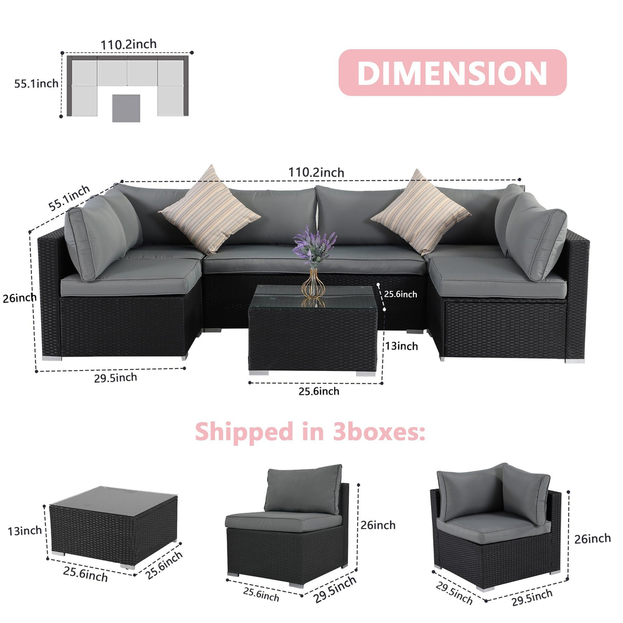 ZJEYEJZ 7-Piece Patio Furniture Set - Outdoor Sectional Sofa Set with Cushions and Glass-Top Coffee Table for Gardens, Poolside, Backyards and Porches, Black/Grey ZJEYEJZ