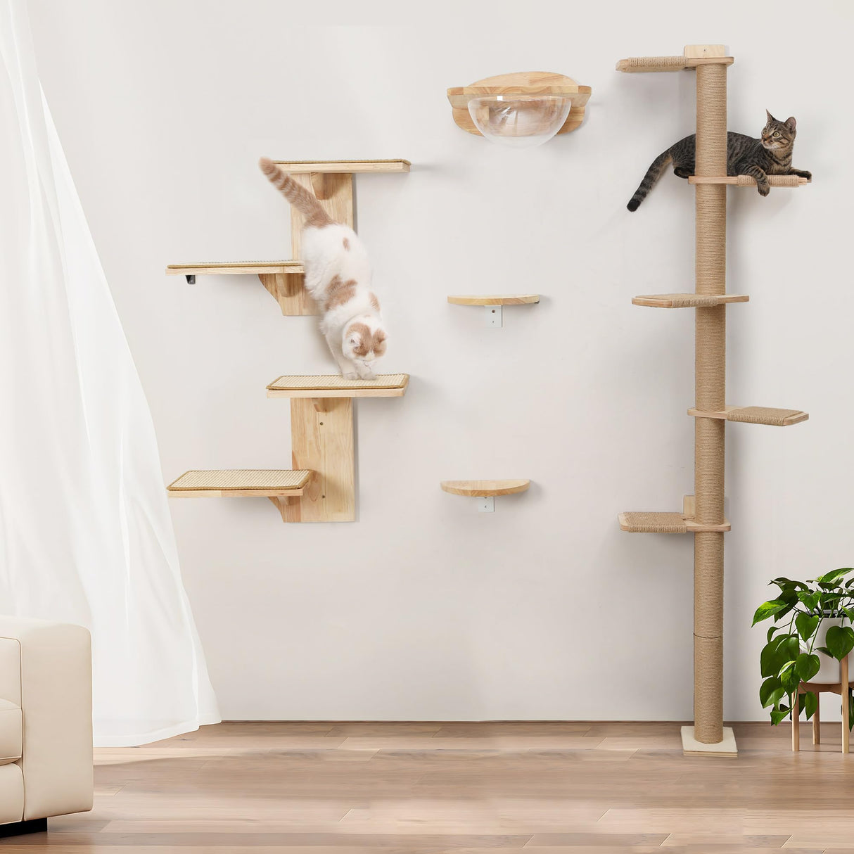 FUKUMARU Cat Wall Shelves, 2 Platform Cat Wall Furniture, Tree Shape Wall-Mounted Cat Floating Shelf with Sisal Mat, Solid Rubber Wood Cat Perch for 16 Inch Drywall, Suitable for Climb, Play, Nap FUKUMARU