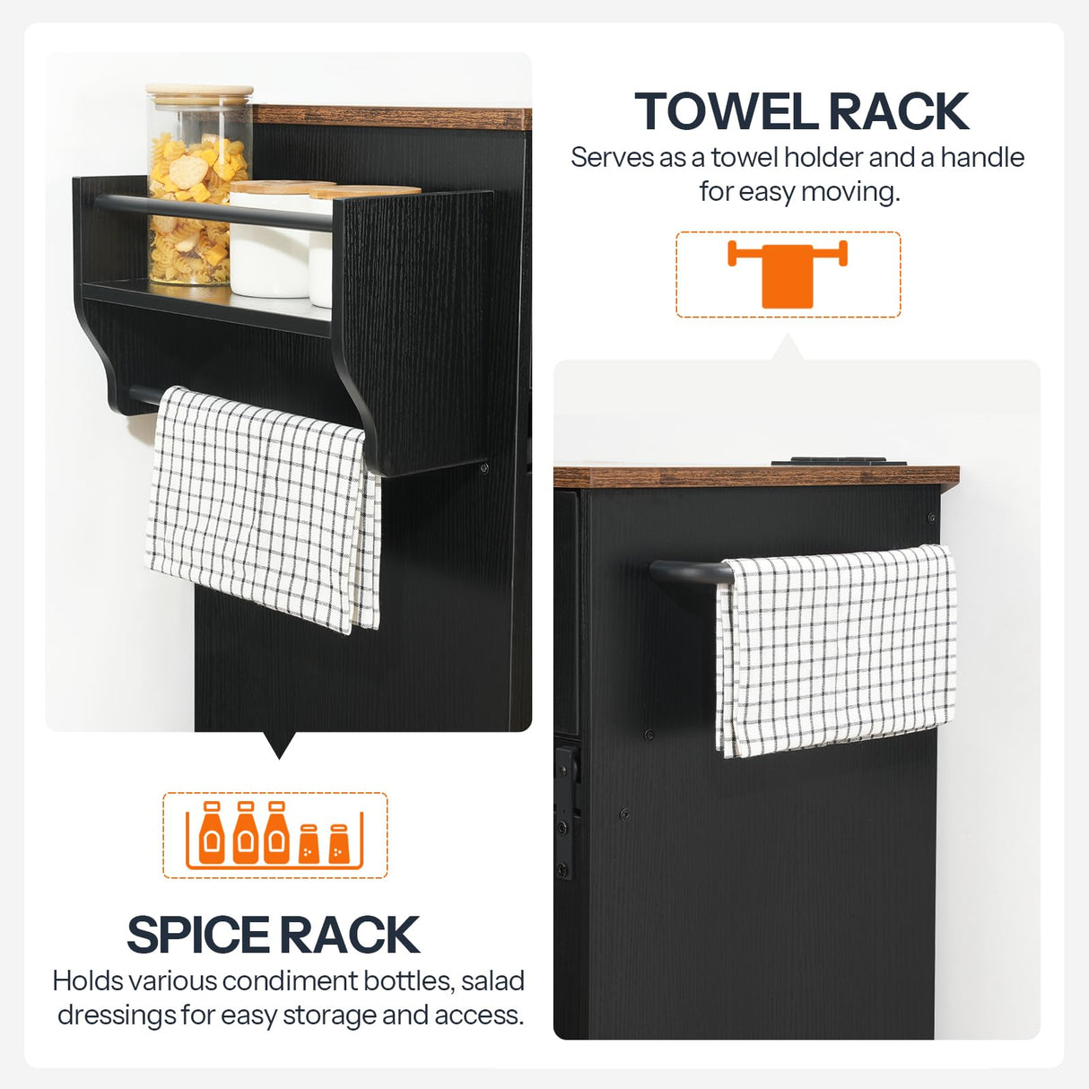 HOOBRO Kitchen Island with Storage, Power Outlet, Rolling Kitchen Island Cart on Wheels, with 2 Drawers, Sliding Barn Doors and Lockable Wheels, Farmhouse, Black BF28UZD01 HOOBRO