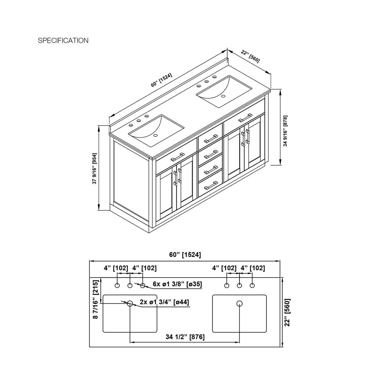 OVE Decors Bailey 60 in. W x 22 in. D x 34.5 in. H Double Sink Bath Vanity in Matte Black Wood with White Engineered Quartz Top OVE Decors