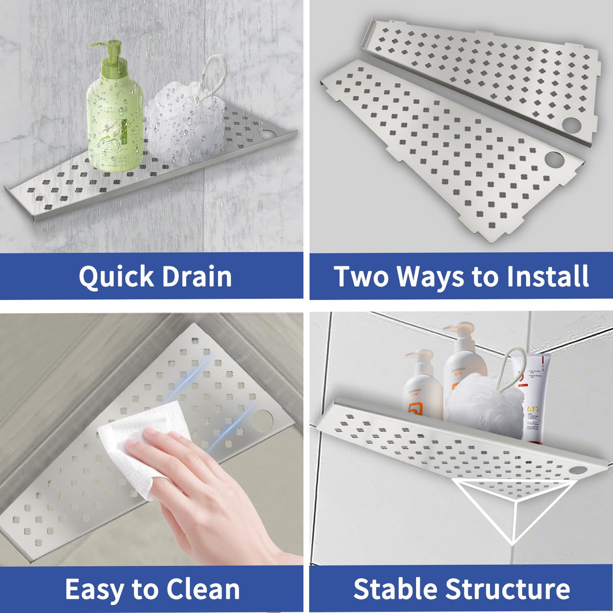 mivndeeopu 12" Corner Shower Shelf 2-Pcs, Rustproof 304 Stainless Steel Corner Shower Shelves with Razor Holder Slot Design Recessed Bathroom Shower Shelf for Tiled Wall (Brushed Silvery) mivndeeopu