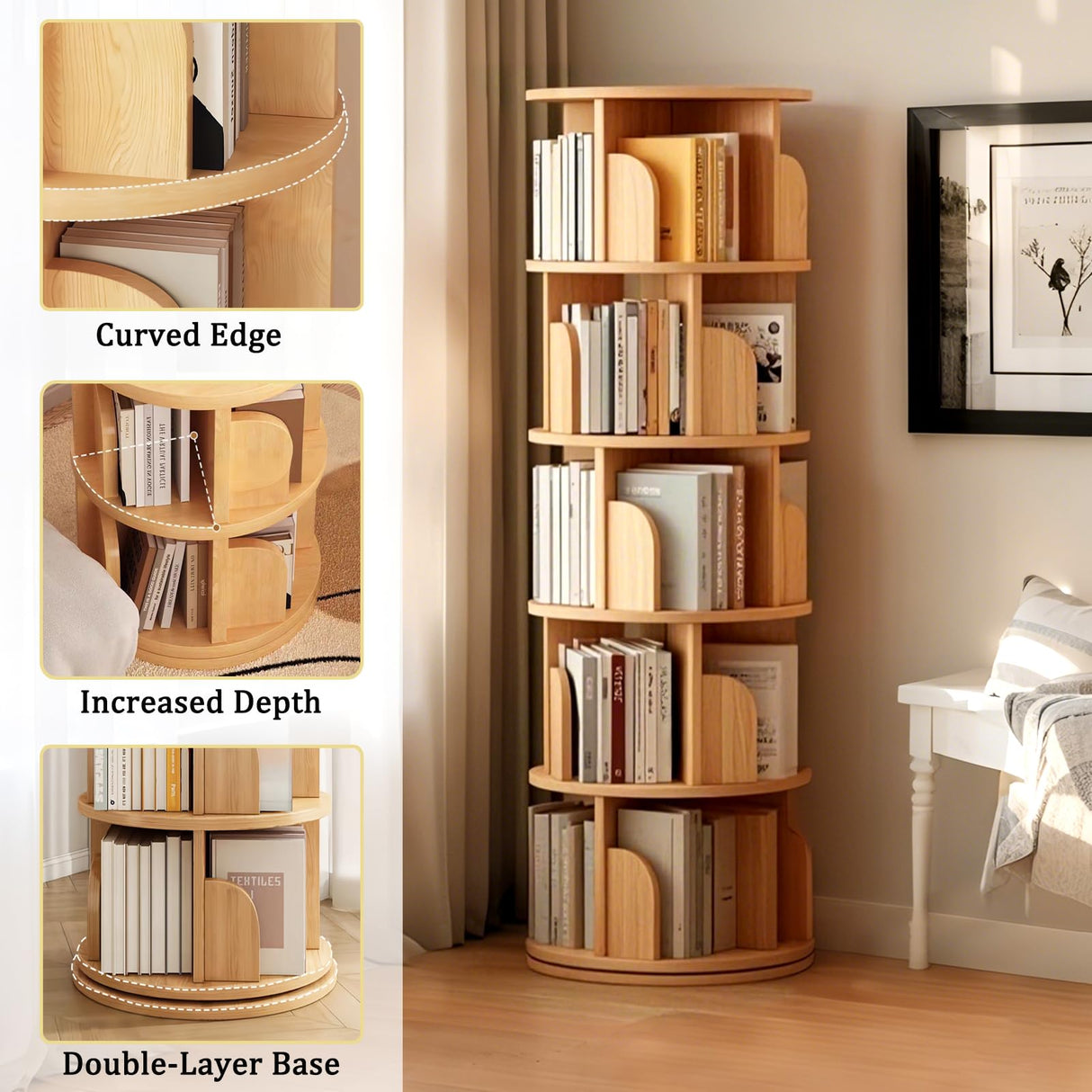 LKTART 5 Tier Rotating Bookshelf, 360° Spinning Book Shelf Tower, Space-Saving, Narrow Rolling Bookshelves for Small Space, Corner, Bedroom, Office, Natural LKTART