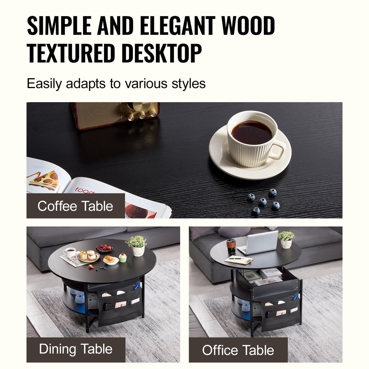 VEVOR Round Lift Top Coffee Table for Living Room, 35.3 in Round Coffee Table with Storage and Hidden Compartment, Circle Coffee Table with LED Light, Black VEVOR