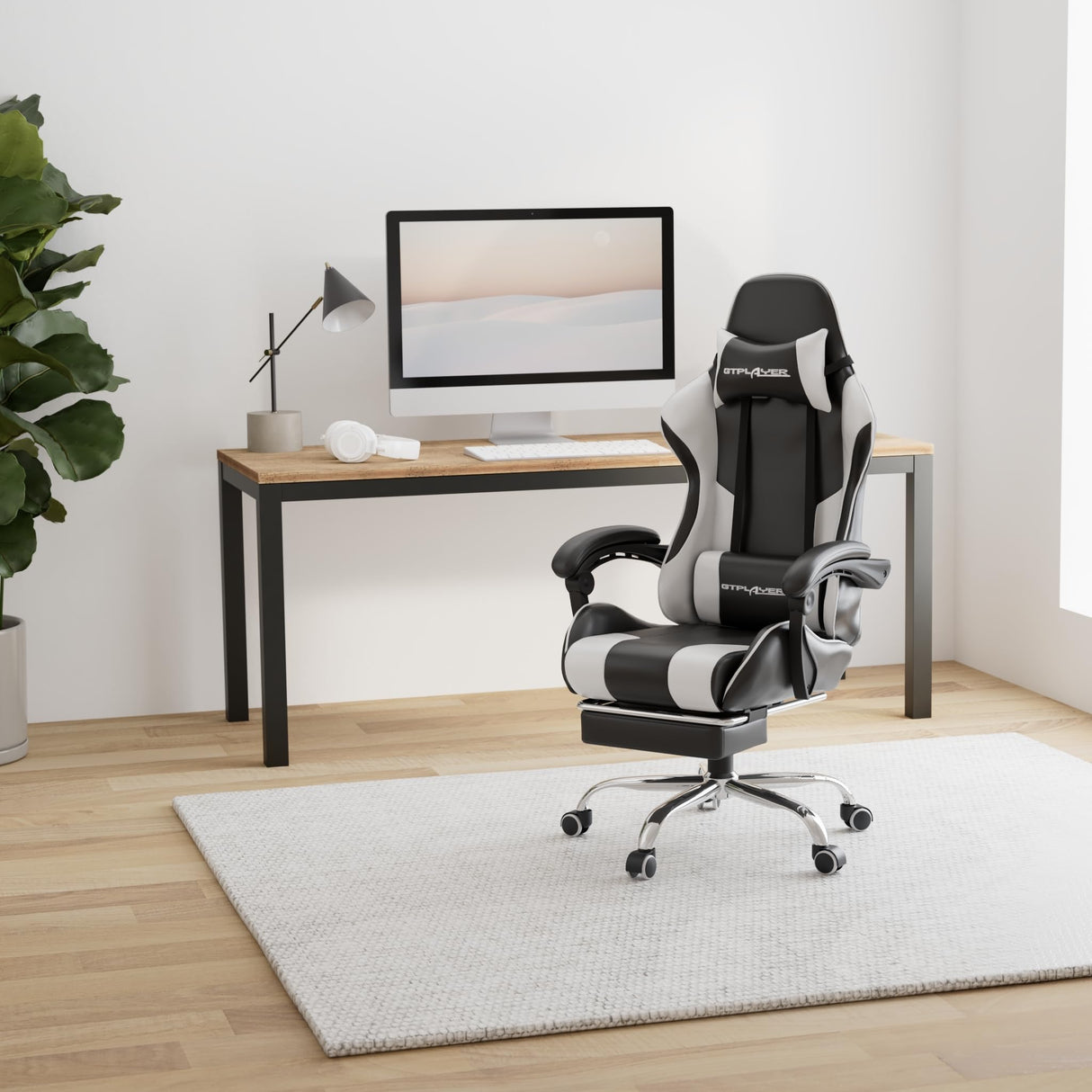 GTPLAYER Gaming Chair, Computer Chair with Footrest and Lumbar Support, Height Adjustable Game Chair with 360°-Swivel Seat and Headrest and for Office or Gaming (White) GTPLAYER