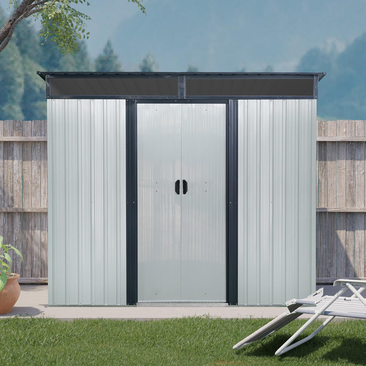 YOPTO 8x6 FT Outdoor Storage Shed,Metal Shed with Floor & Transparent Plate,Garden Shed W/Air Vent & Lockable Sliding Door,All Weather Waterproof Tool House W/Sloped Roof,Black+White YOPTO