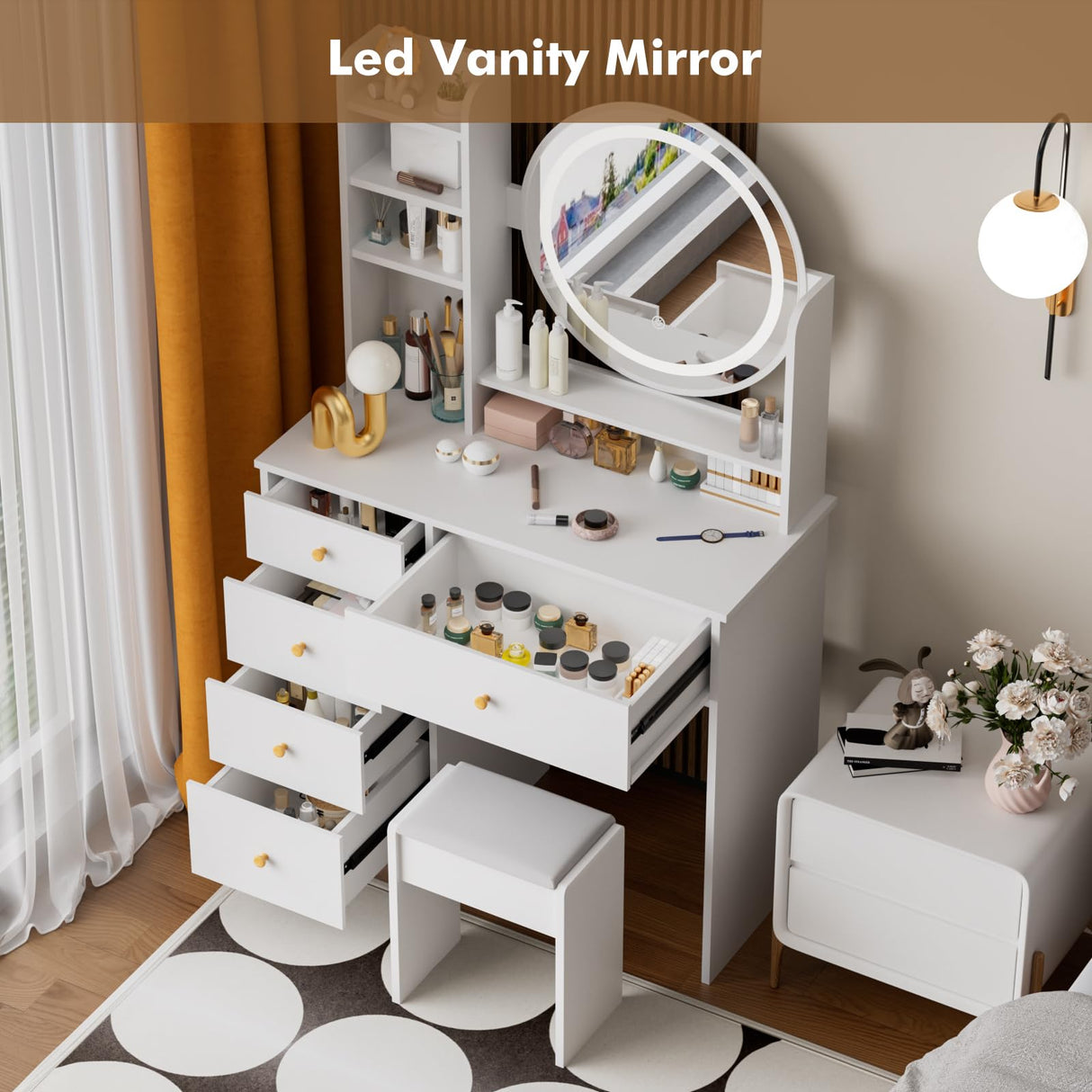 ADOFFUR Vanity Desk with Round Mirror and Lights, Small Makeup Vanity Table Set with Chair & 5 Drawers & Storage Shelves, 3 Lighting Modes Adjustable Brightness Dressing Table for Bedroom, White ADOFFUR