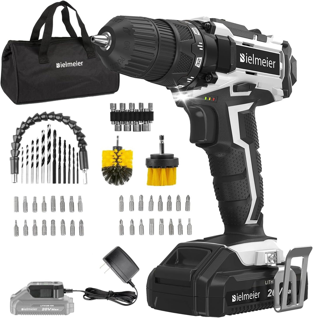 Bielmeier 20V MAX Cordless Drill Set – 285 In-lb Torque,2 Variable Speed,64+1 Position,3/8" Keyless Chuck,Drill Machine Includes 2 Brushes,Flex Shaft,Cloth Bag & 58 Drill Bits(Black) BIELMEIER