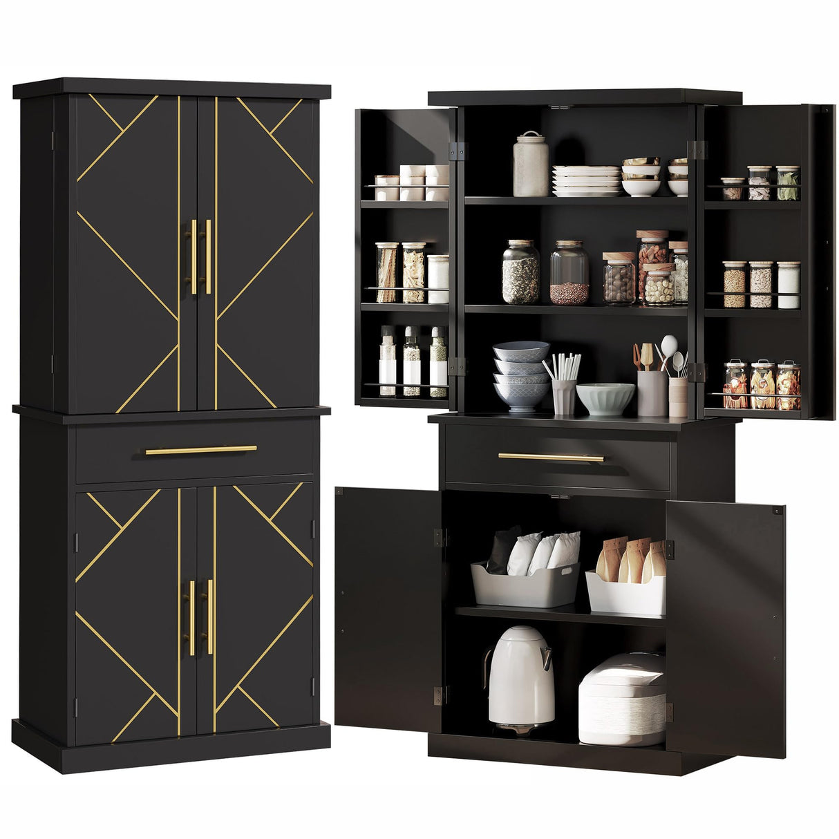 DWVO 72" Kitchen Pantry Storage Cabinet, Tall Modern Food Buffet Cabinets with Drawer & Adjustable Shelves & Door Rack, Freestanding Wood Storage Cupboard for Dining Room, Living Room, Bathroom, Black DWVO