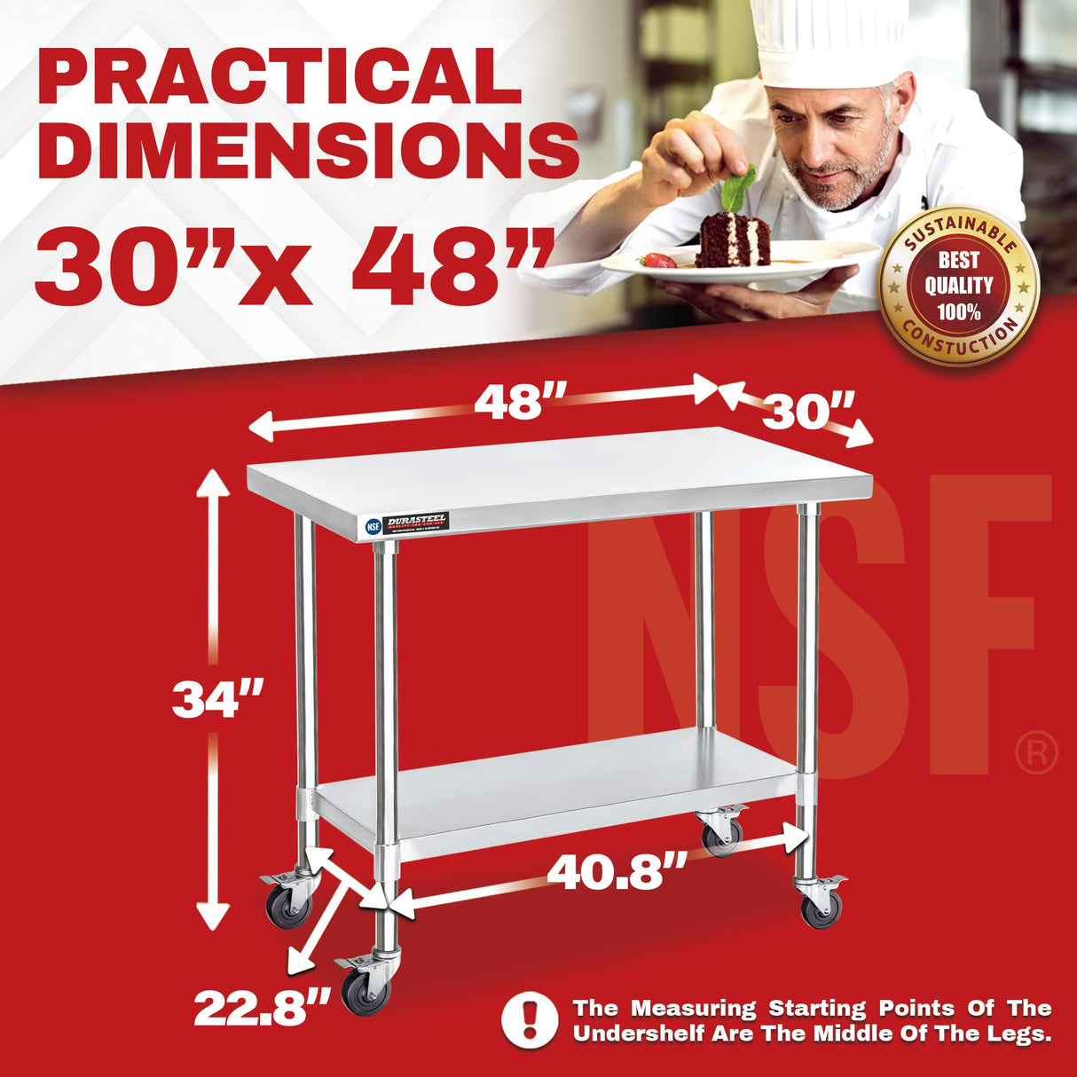 Food Prep Stainless Steel Table - DuraSteel 30 x 48 Inch Metal Table Cart - Commercial Workbench with Caster Wheel - NSF Certified - For Restaurant, Warehouse, Home, Kitchen, Garage DuraSteel