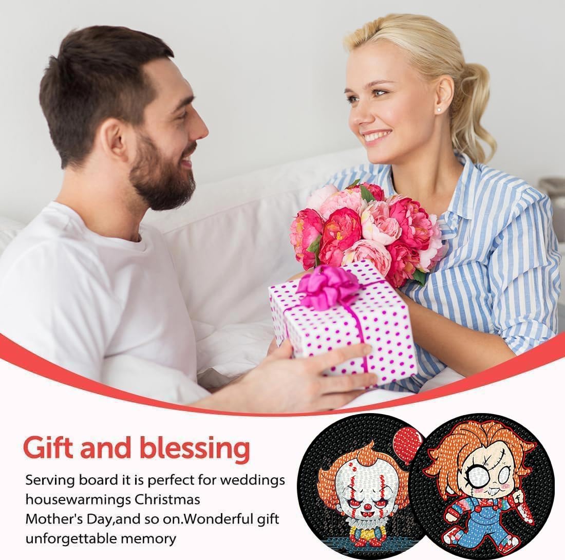 Canrichshop 8 Pcs Diamond Painting Coasters,Halloween Diamond Painting Kits,Horror Movies Diamond Art Coasters,5D Full Drill Diamond Dots,DIY Kits for Adults Arts and Crafts Supplies Canrichshop