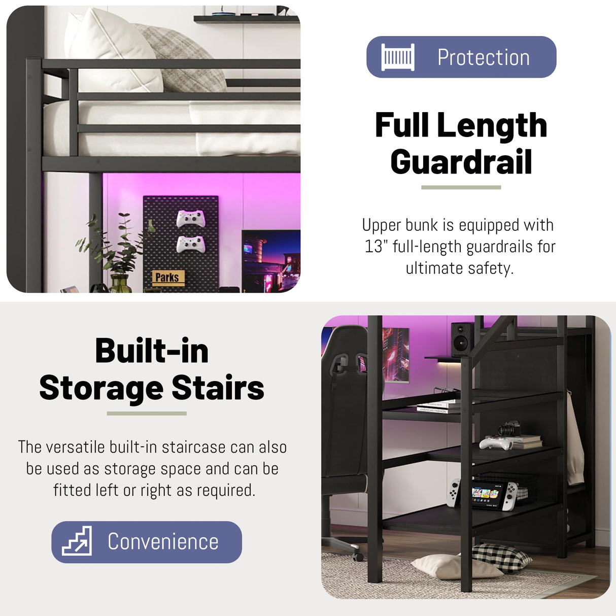 MoproBeti Queen Loft Bed with Stairs and Desk,Metal High Loft Bed with Wardrobe and Adjustable Shelf, Gaming Bed with LED and USB, Heavy Duty Frame,No Noise, Black MoproBeti