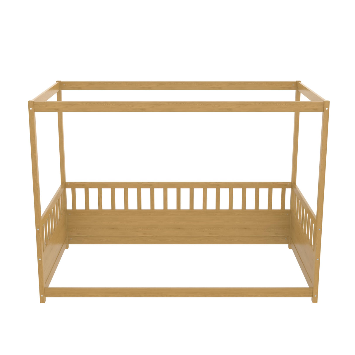 Twin Size Canopy Bed Frame with 4 Posters and Guardrails, Twin Size Montessori Floor Bed with High Fence, Natural Bellemave