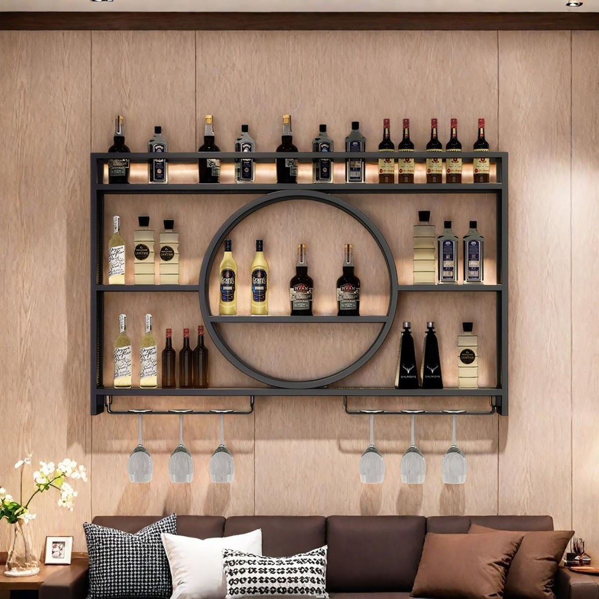 OMKUOSYA Wall Mounted Wine Rack, Metal 3-Tier Large Capacity Hanging Bar Shelves with Glass Holder, Round Wine Bottle Storage Display Shelf for Kitchen, Living Room, Home (Black, 39.4in/100cm) OMKUOSYA