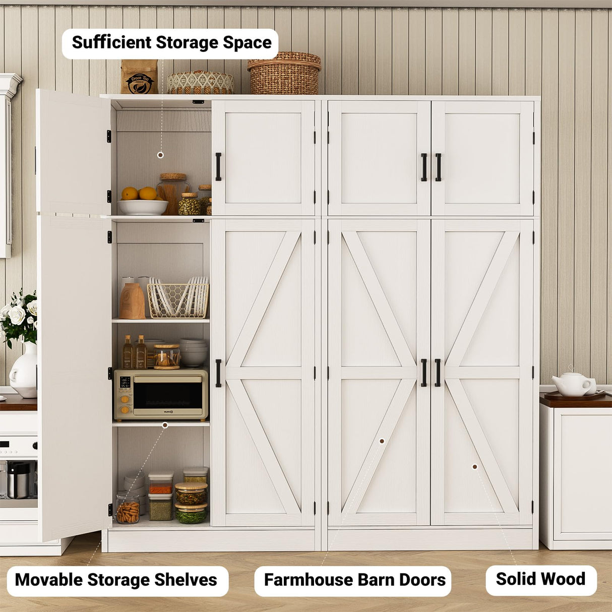Unikito 71” Tall Storage Cabinet, Farmhouse Kitchen Pantry Cabinet with Adjustable Shelves and Barn Doors, Large Bathroom Storage Cabinet, Storage Cupboard for Dinning, Living Room, Office, 2 Pack Unikito