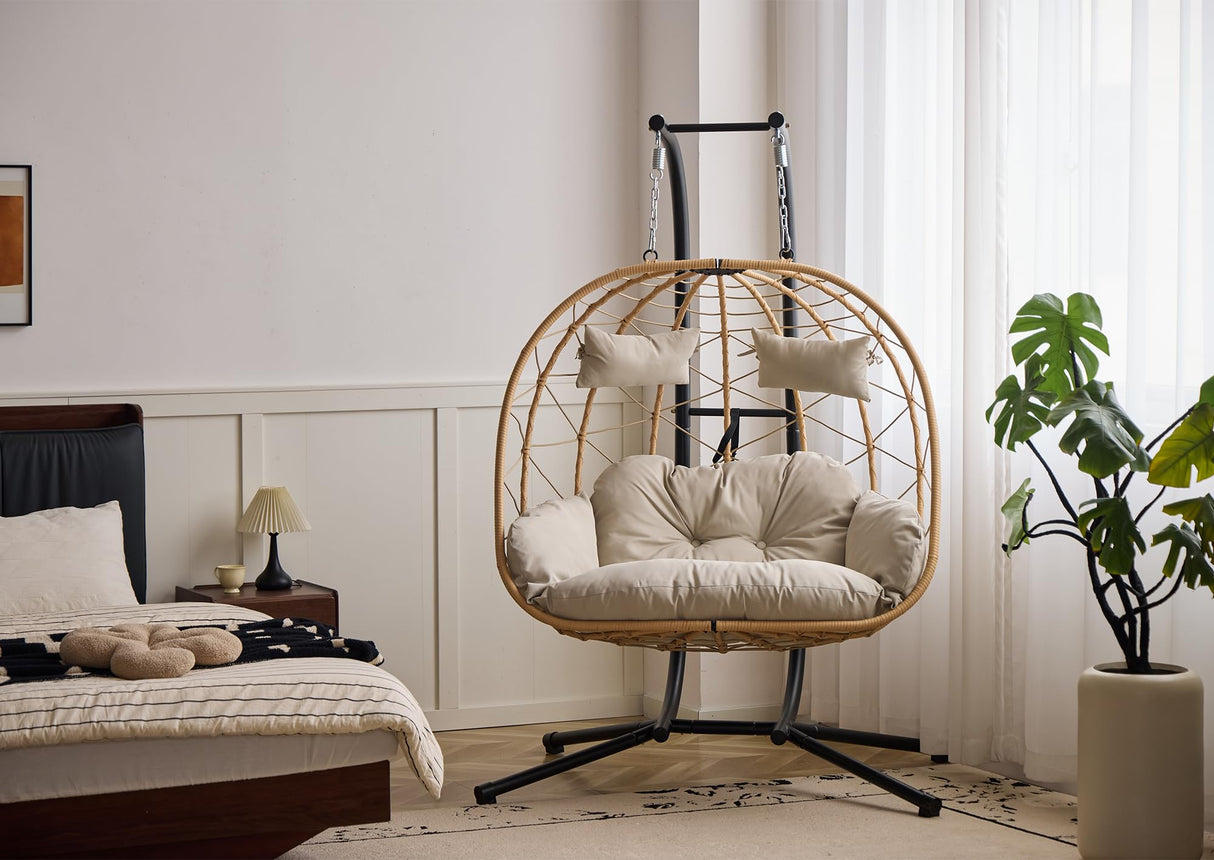 Double Hanging Egg Chair with Stand - Indoor/Outdoor Hammock Chair & Hanging Egg Chair | Rattan Wicker, UV Resistant Cushion & Pillow, 550LBS Capacity for Bedroom, Patio, Balcony, Garden Topfuca