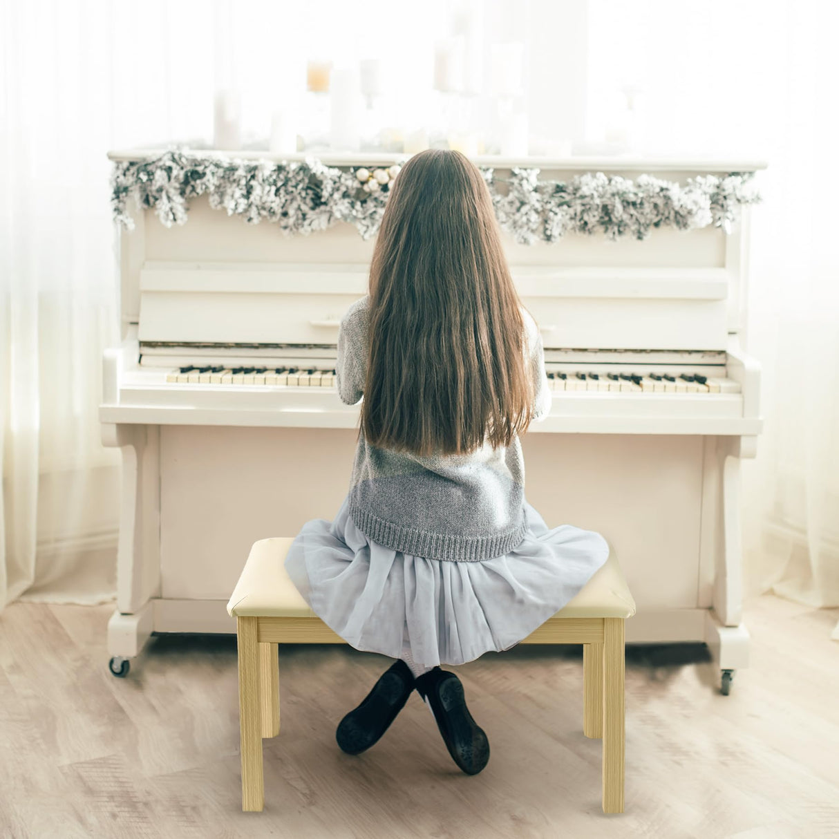 ZHRUNS Duet Piano Bench Wooden Keyboard Bench with Storage, Wooden Piano Keyboard Bench Long, Piano Stool Beige ZHRUNS