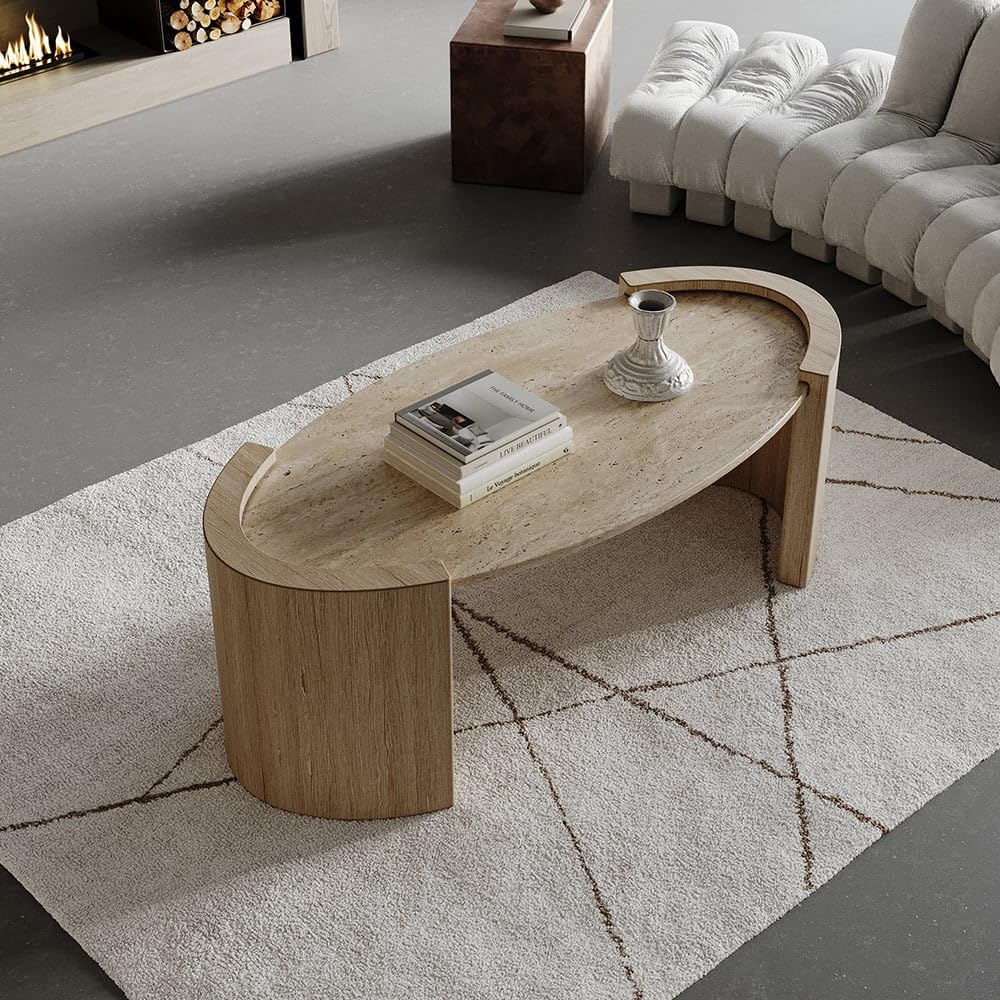 homary 43" Japandi Oval Travertine Stone Top Coffee Table – Double Pedestal Oval Coffee Table with Natural Beige Stone Surface and Engineered Wood Base for Living Room and Lounge homary