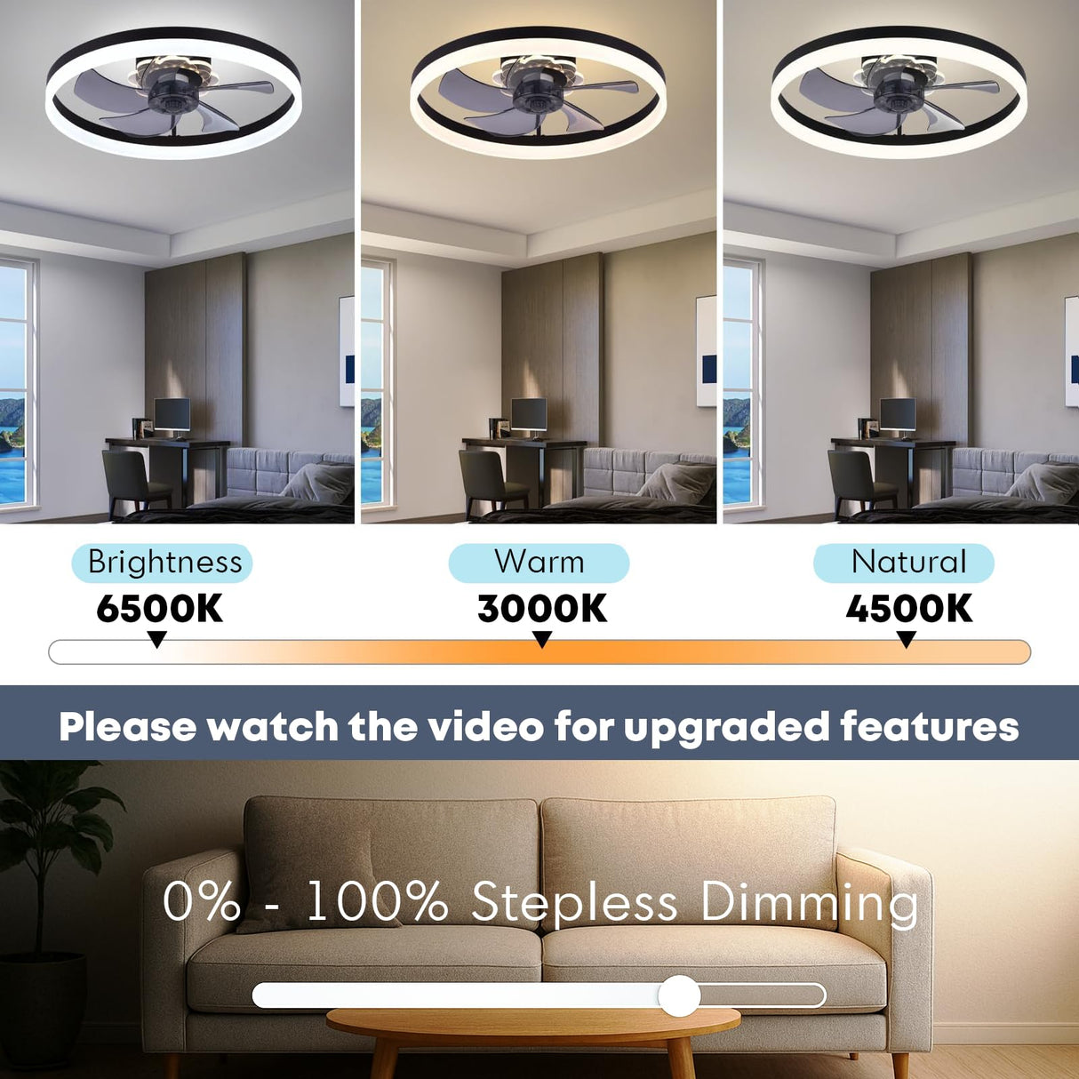 Fszdorj 20'' Ceiling Fan with Light, Upgraded Low Profile Fan, Flush Mount Ceiling Fan, 6 Speeds, Dimmable LED, App & Remote Control, Quiet DC Motor, for Bedroom, Living Room, F115 Black Fszdorj
