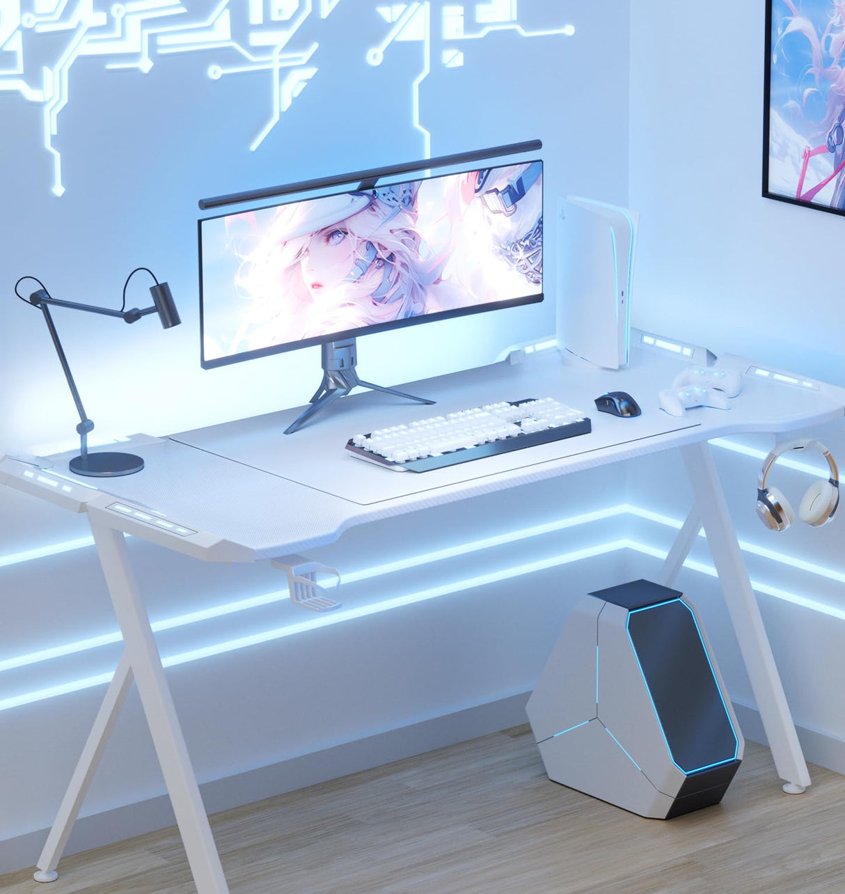 Dowinx Gaming Desk with LED Lights, RGB Gaming Computer Table with Carbon Fibre Surface, LED Home Office Desk with Remote Control, Pc Workstation with Cup Holder and Headphone Hook, 63 Inch, White Dowinx