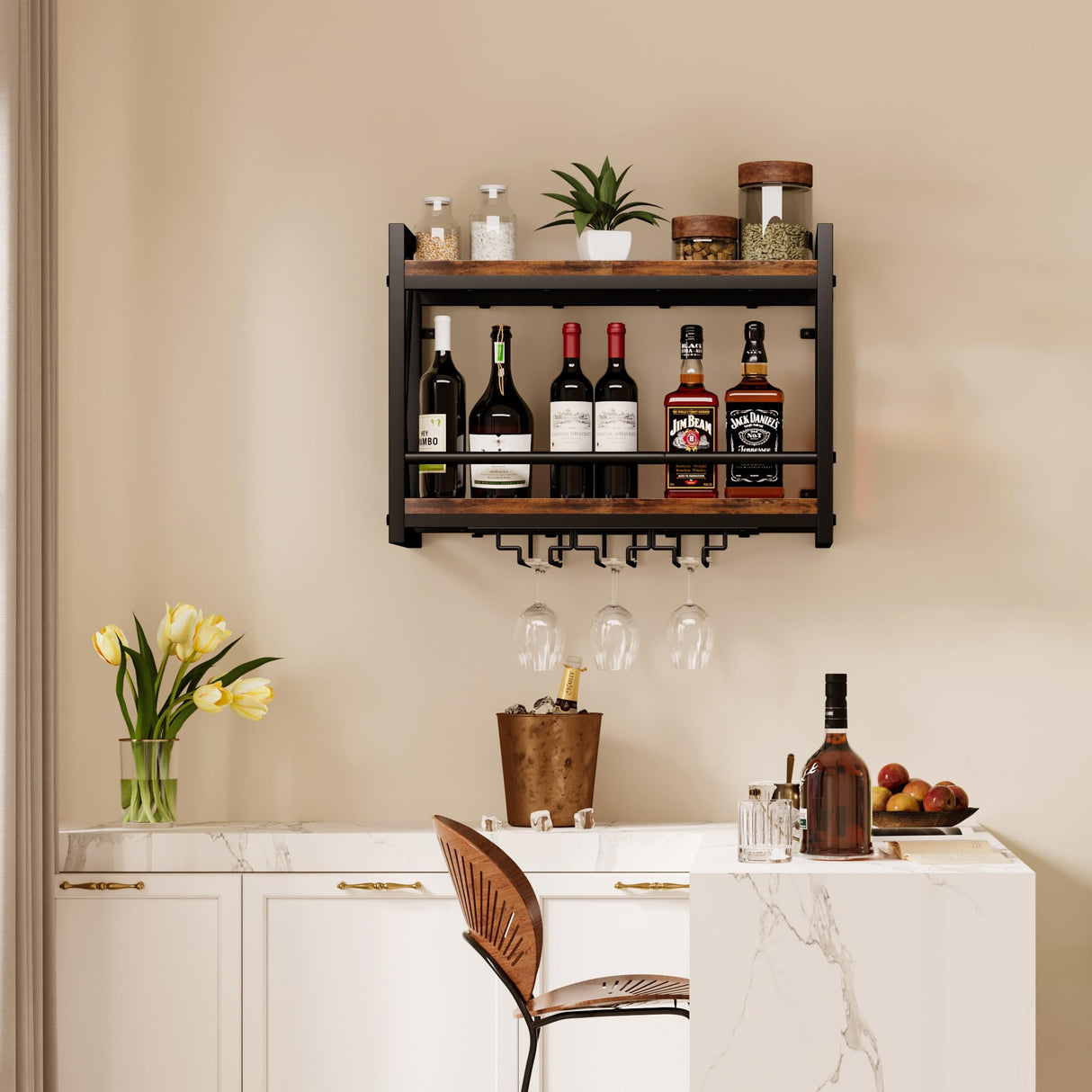 Homeiju Wall Mounted Wine Rack, Bottle & Glass Holder Wood-Metal Retro Wine Rack, Wine Bottles Display Wall Storage for Kitchen Dining Room Home Bar Homeiju