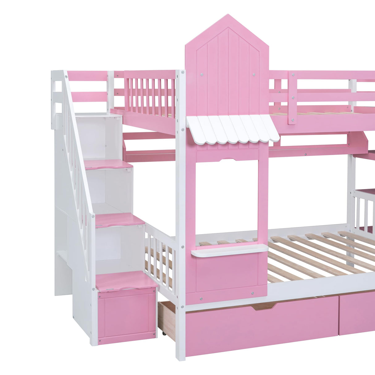 Kids Full Bunk Bed with Stairs and Slide, Wood Full Over Full Bunk Bed with Storage Drawers and Shelves, Castle Style Bunk Beds for Kids Teens Girls Boys, Pink Bellemave