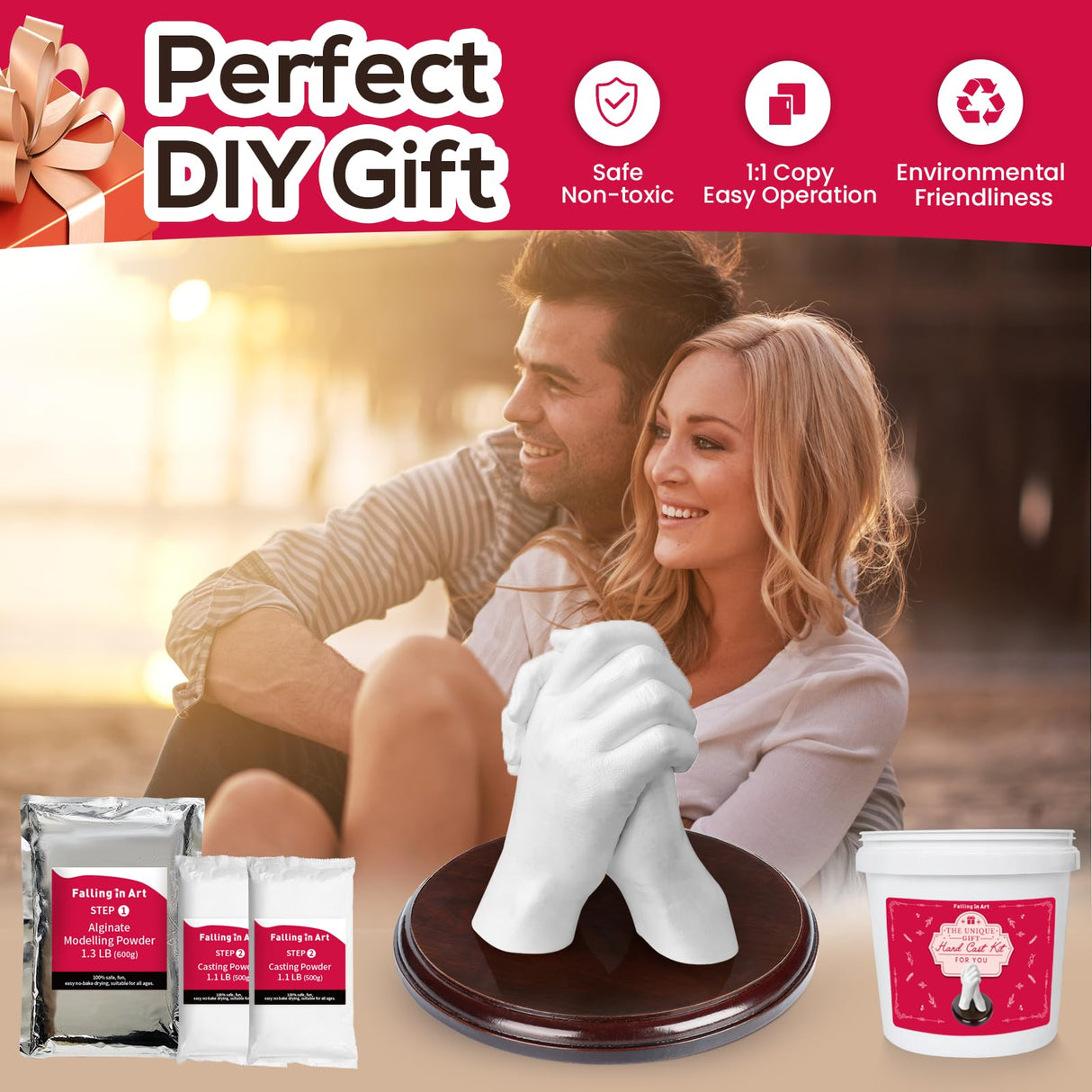 Falling in Art Hand Casting Kit Couples - Keepsake Plaster Hand Mold Kit for Family, Kids, Adults with Large Bucket, Gloves, Powder Materials, Color Paints, Wooden Base Falling in Art