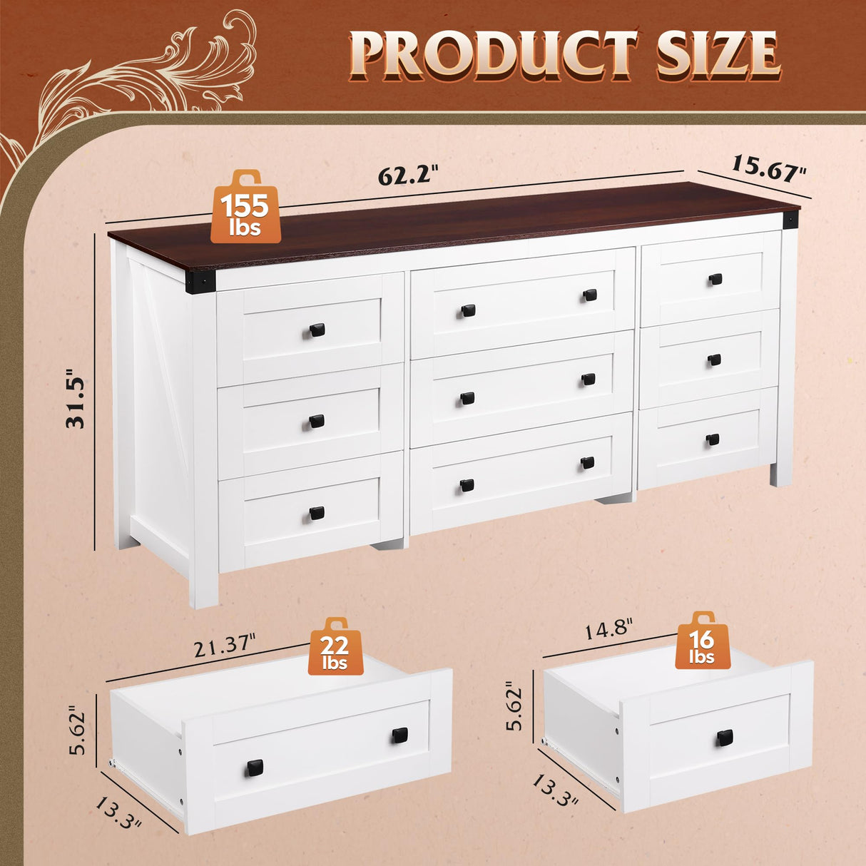 WLIVE Farmhouse Dresser for Bedroom, 63" Wide 9 Drawer Dresser Storage Organizer, Wood Chest of Drawers for Bedroom, TV Stand for 70 inch TV, for Living Room, Hallway, Ball Bearing Slide (White) WLIVE