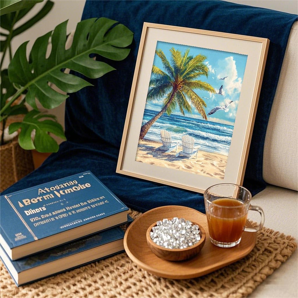 ShiCattle Coconut Tree Diamond Art Kits for Adults Beginners,DIY Full Round Drill Diamond Painting Kits Beach Chair,Paint by Diamonds Dot Gem Art Crystal Easy,Home Wall Decor 12x16Inch ShiCattle