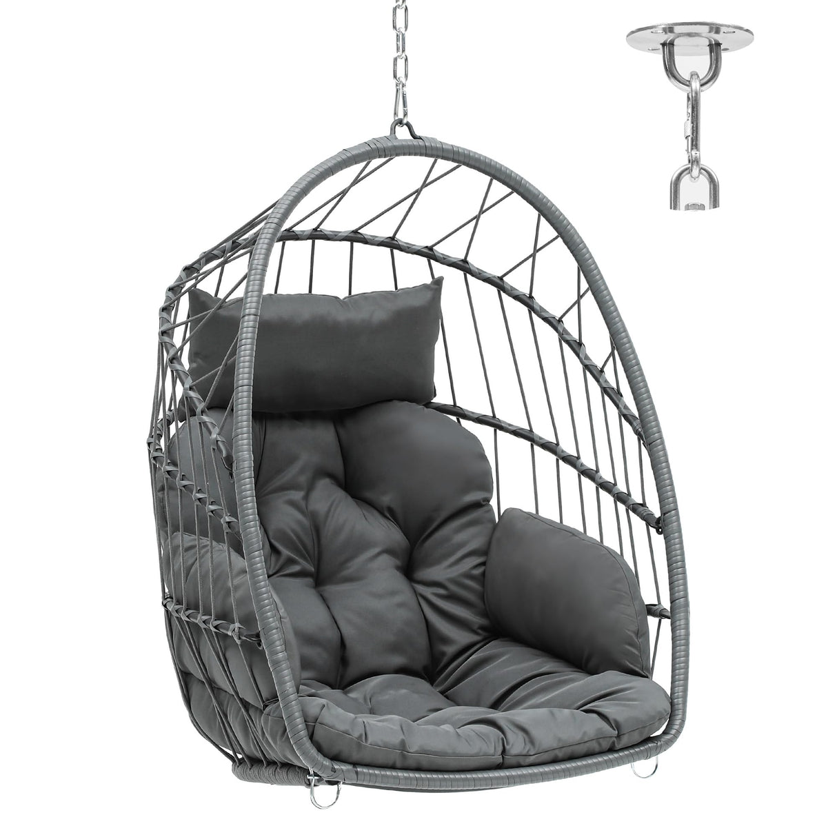 YITAHOME Hanging Egg Chair, Patio Wicker Hammock Egg Chair Basket Swing with Cushion, Outdoor 330lbs Rattan Outdoor Swing for Balcony Garden Bedroom, Gray (Stand not Included) YITAHOME