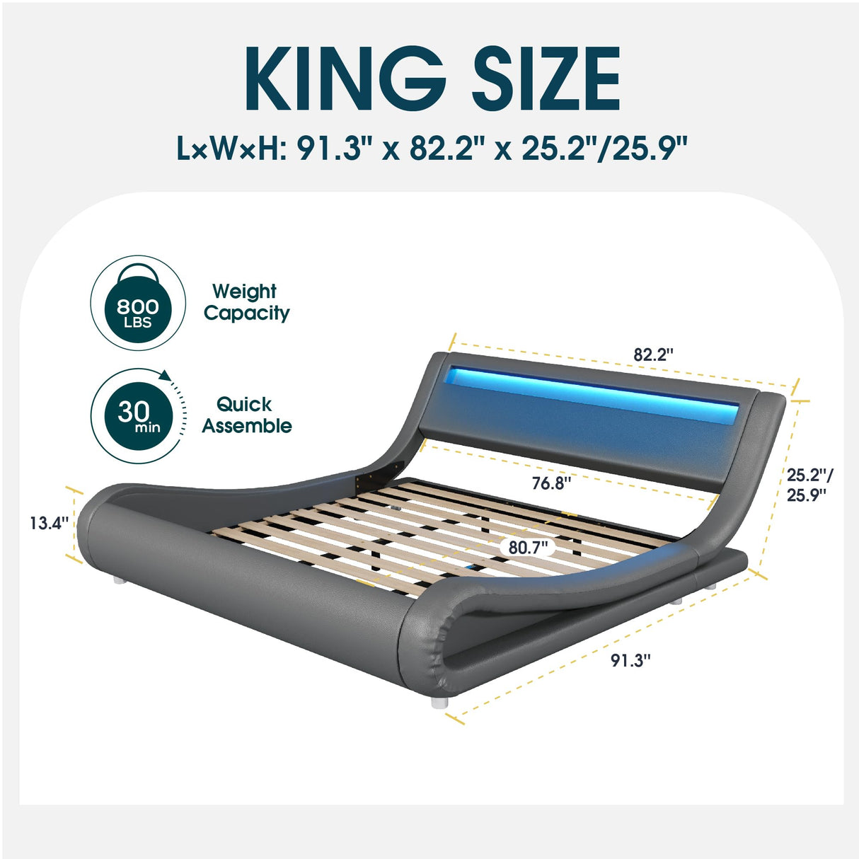 WEEWAY Modern Grey King Bed Frame with RGBW LED Lights and Adjustable Storage Headboard WEEWAY