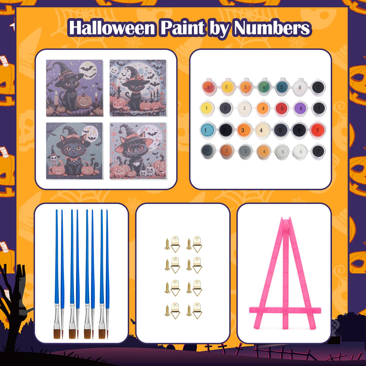 Vodolo 4 Pack Halloween Paint by Numbers Cat with Frame,Easy DIY Halloween Painting Kit Vodolo