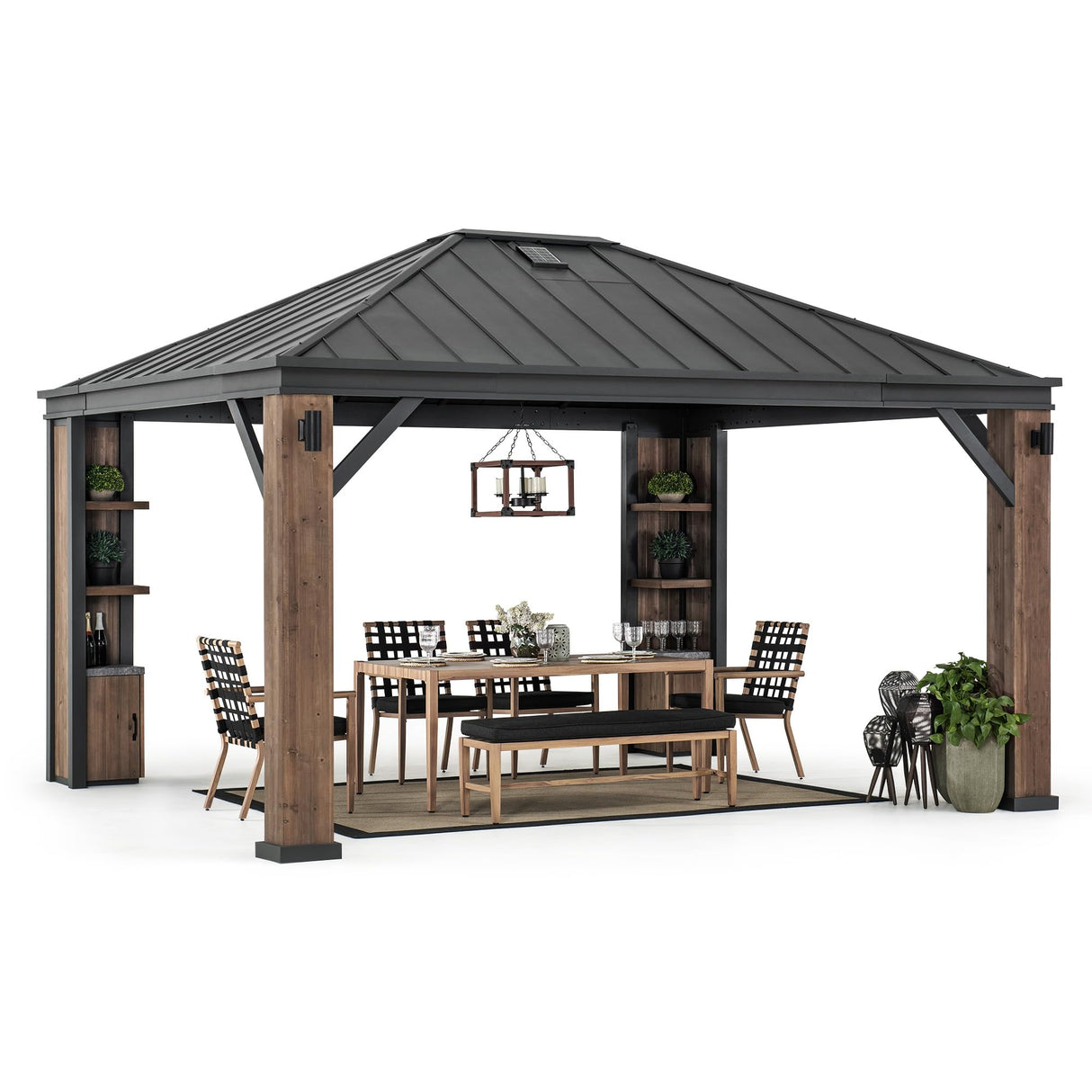 Sunjoy 12 x 14 ft. Hardtop Gazebo with Solar Powered, Cedar Wood Framed Steel Hardtop Gazebo with LED Lighting, Bluetooth Sound and Storage Racks by SummerCove SummerCove