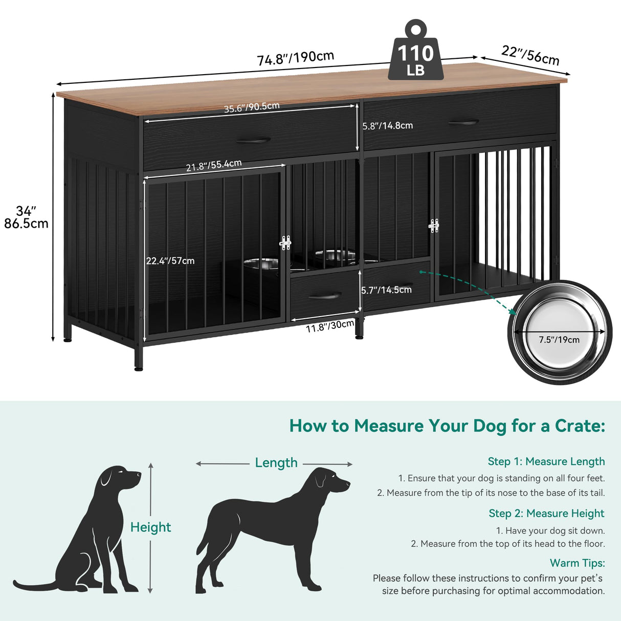 YITAHOME 74.8" Double Dog Crate Furniture with Dog Feeder, Heavy Duty Indoor Dog Kennel TV Stand with Drawers, Sturdy Dog Kennel with Divider for 2 Medium Large Dogs, Black YITAHOME