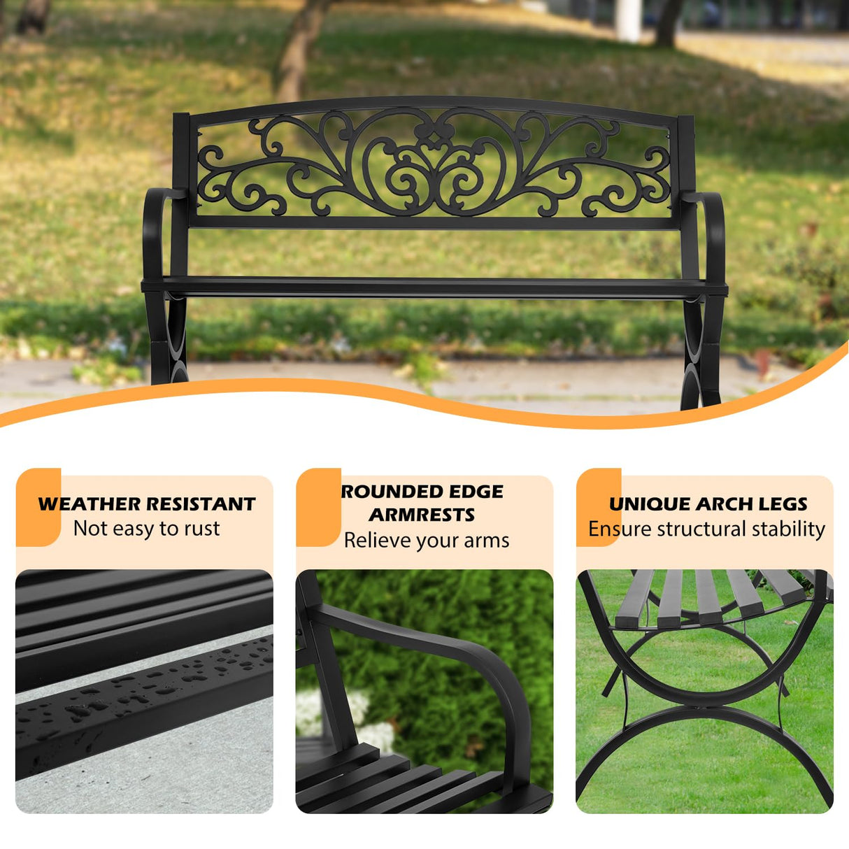 PayLessHere Black Outdoor Metal Loveseat Chairs Patio Garden Bench 50-inch Slatted Seat Armrests Floral Design Plastics Backres Perfect for Park, Yard, Porch, Lawn, Balcony, Backyard PayLessHere