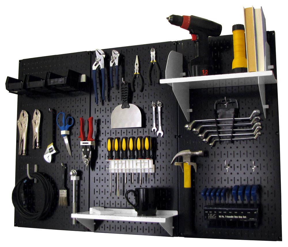 Wall Control Pegboard Organizer 4 ft. Metal Pegboard Standard Tool Storage Kit with Black Toolboard and White Accessories Wall Control