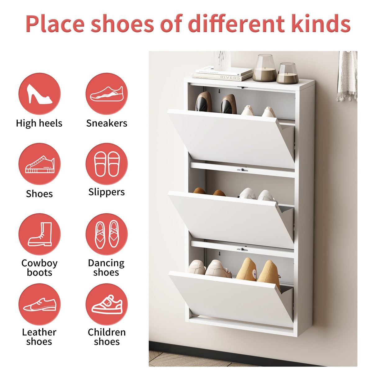 OPTYMIRA Metal Shoe Storage Cabinet with 3 Flip Drawers,White Wall Mount Slim Shoe Organizer for Entryway, Narrow Hidden Shoe Storage Rack for Hallway,Living Room, 40.98”*20”*6.69” OPTYMIRA