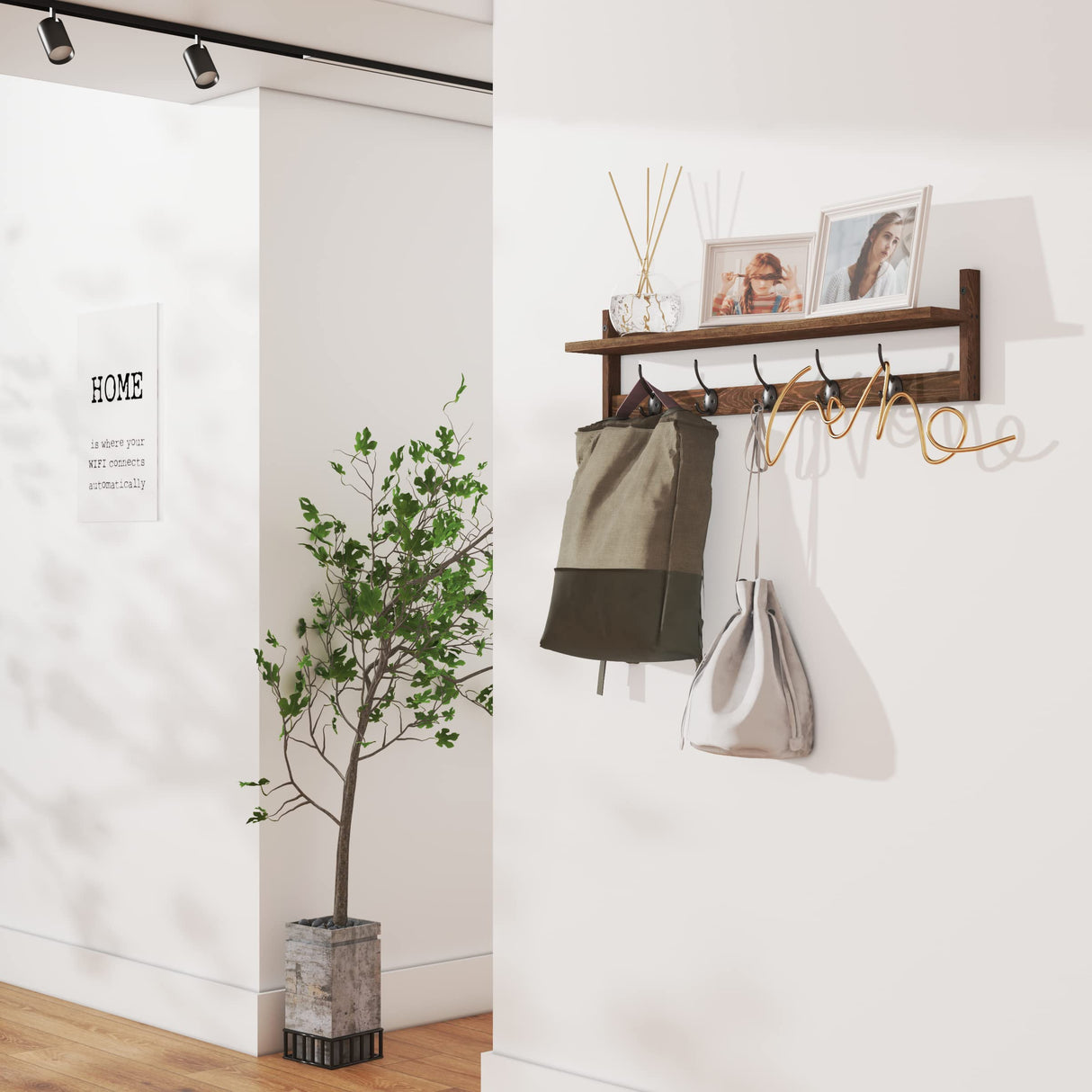 BAMEOS Wall Mounted Coat Rack with Adjustable Easy Install, Rust Proof, Brown Wooden Material, 28.9 Inch Length BAMEOS