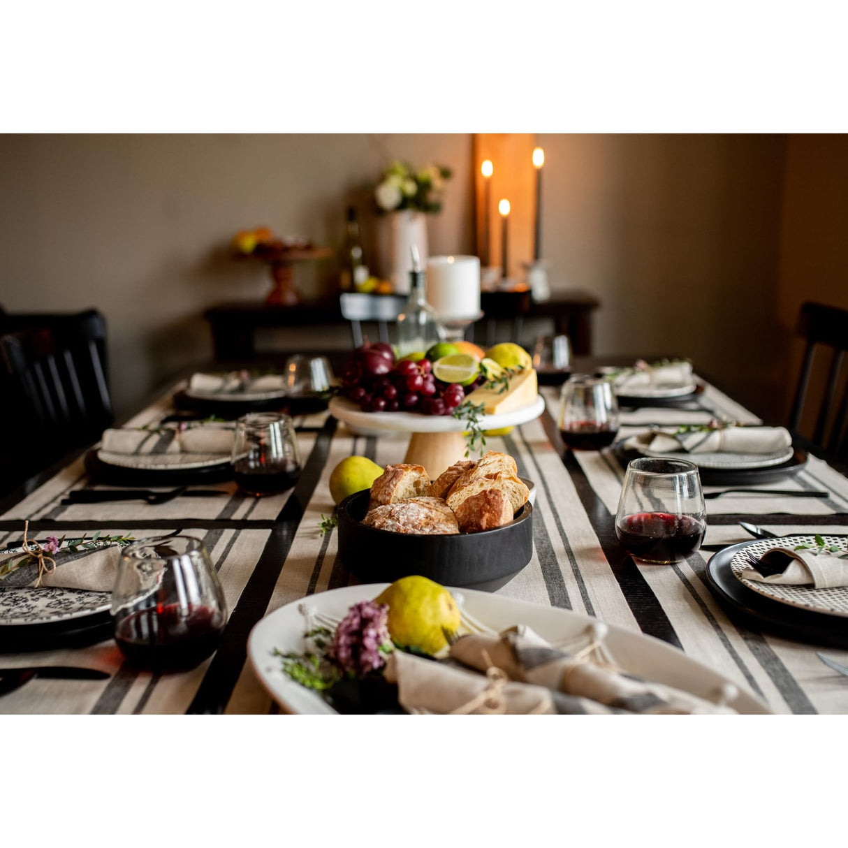 Solino Home Linen Table Runner 90 Inches Long - French Stripe, 100% Pure Linen Black and Natural Farmhouse Table Runner 14 x 90 Inch Ideal for Dining, Fall, Autumn, Thanksgiving, Holiday Solino Home