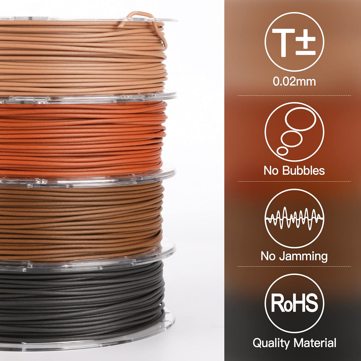 AMOLEN Wood Filament Bundle 3D Printing Filament Wood Sets,Walnut,Cherry Wood,Bamboo Wood,Ebony Black Wood,3D Printer Filament,PLA Filament 1.75mm,200g/Spool AMOLEN