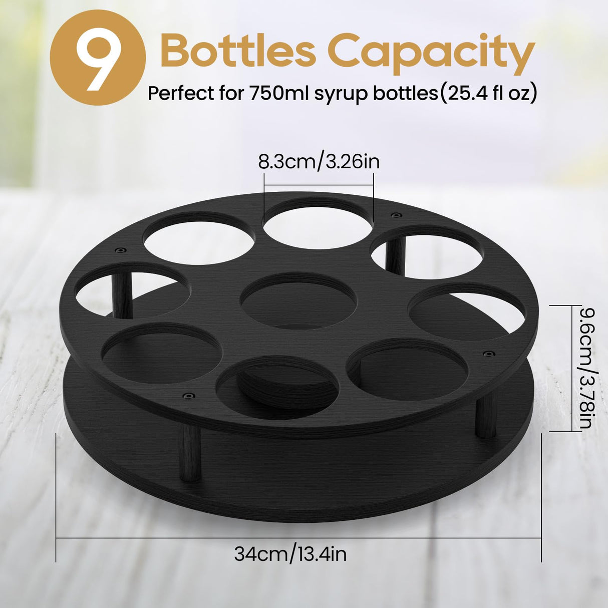 THYGIFTREE Large Rotating Coffee Syrup Organizer 9 Bottles Syrup Rack for Countertop Wood Syrup Bottle Holder Stand for Coffee Bar Station, Turntable Wine Display Tray, Black THYGIFTREE