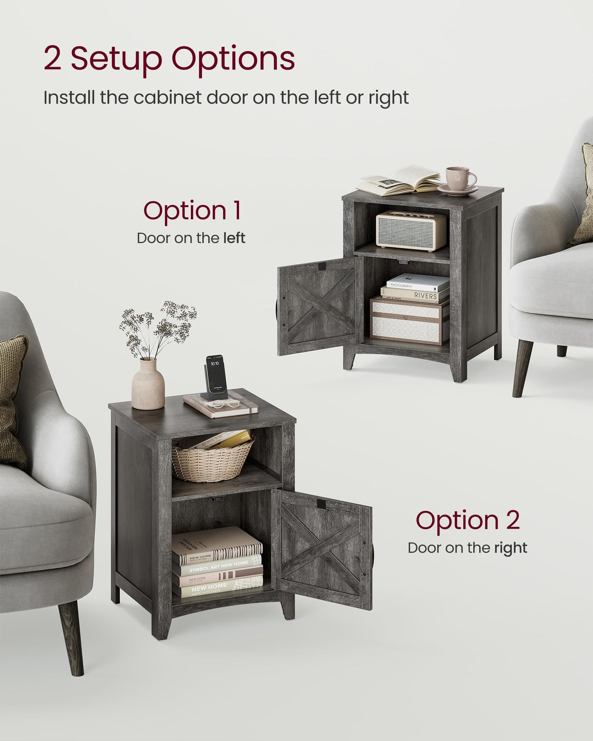 VASAGLE Farmhouse Nightstand with Barn Door, Set of 2, Bedside Table with Storage, Side End Table, Night Stand with Open Compartment, for Bedroom, Misty Gray ULET809G68 VASAGLE