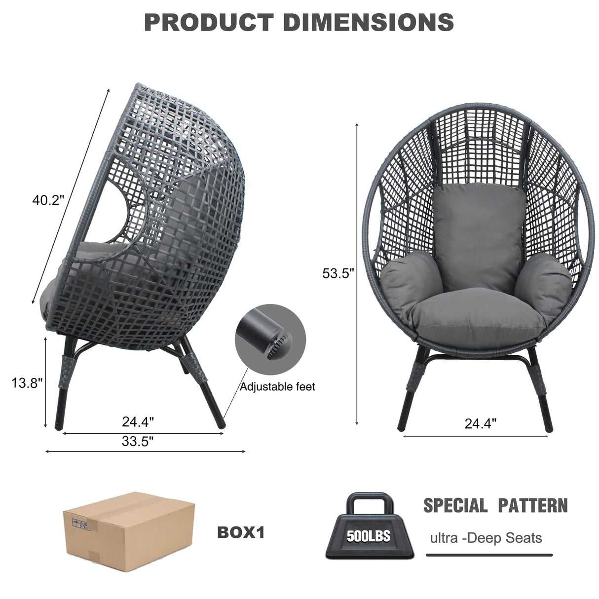 TQKVIPI Oversized Egg Chair-Wicker Outdoor Indoor Rattan Patio Egg Lounge Chairs with Cushion 500lbs Capacity for Living Room, Balcony, Backyard(Grey) TQKVIPI